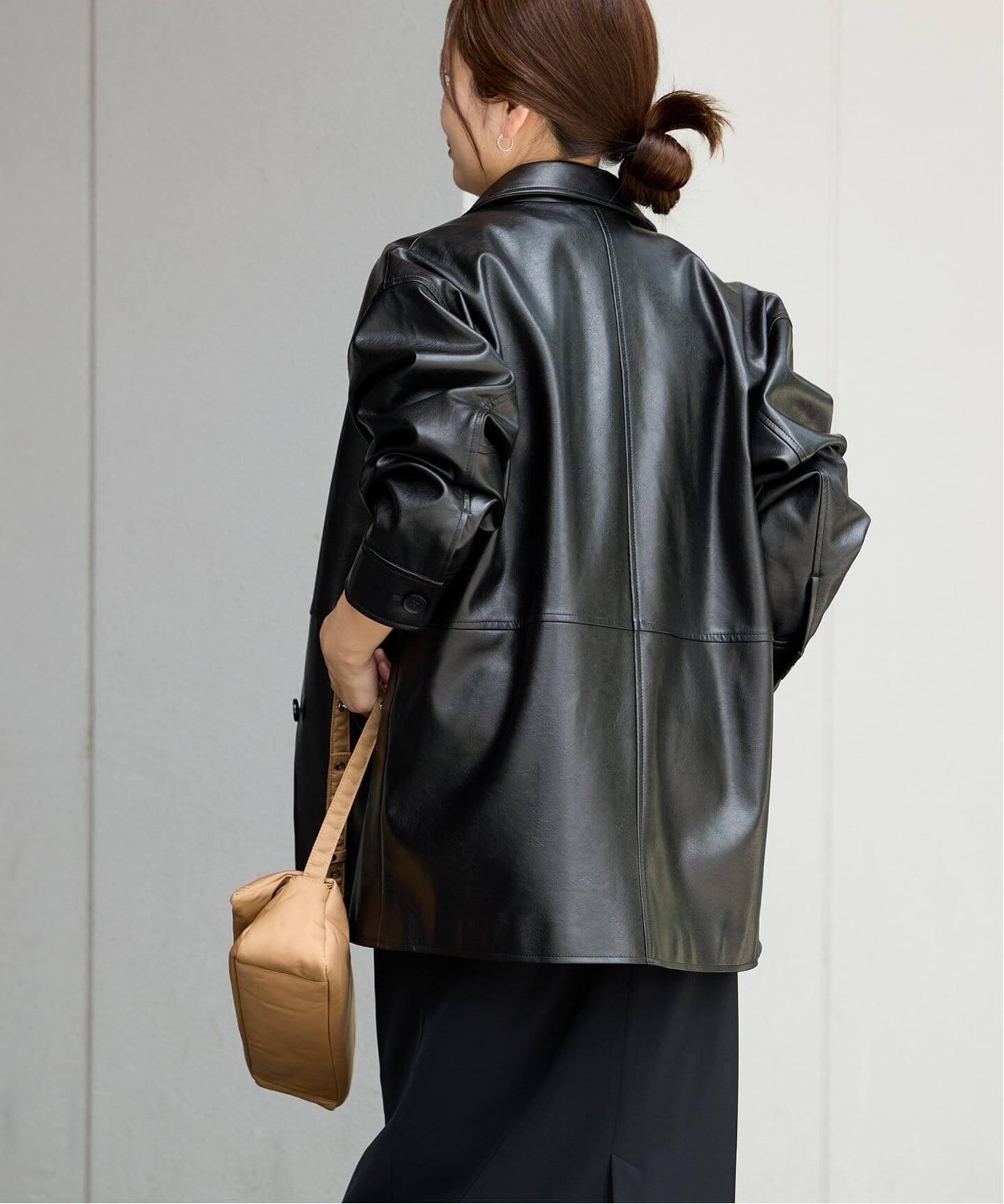 追加2》ウォッシャブルフェイクレザーファー襟付カバーオール（レザー