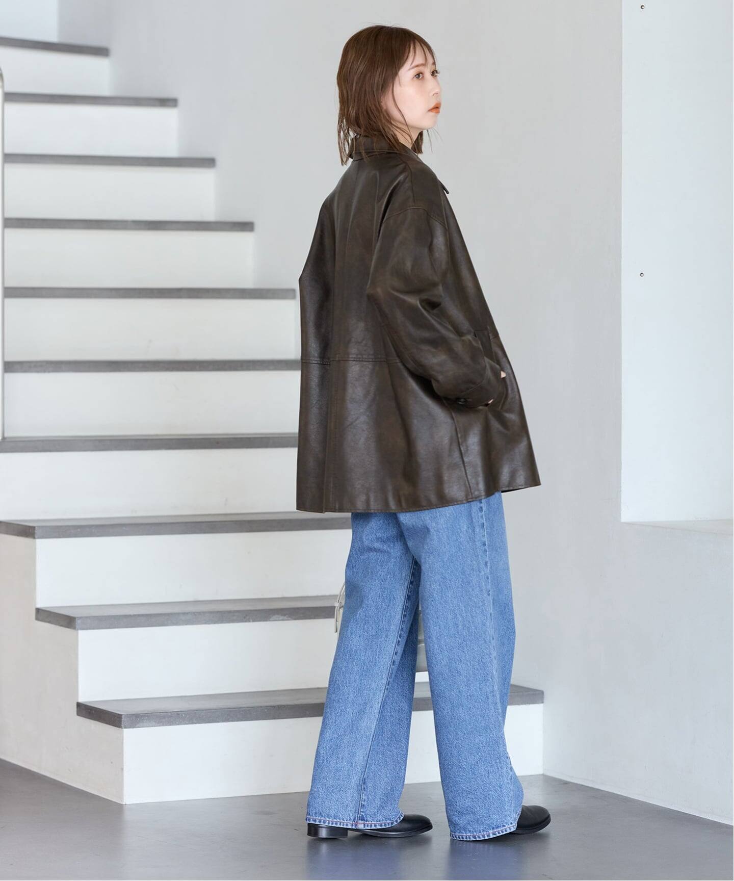 追加2》ウォッシャブルフェイクレザーファー襟付カバーオール（レザー