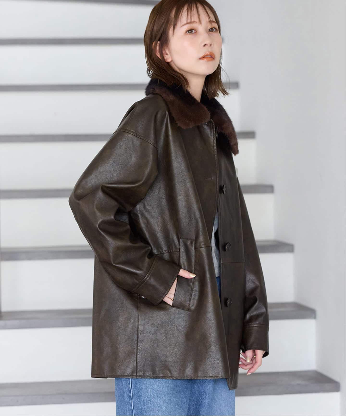 ジャーナルスタンダード　ウォッシャブル フェイクレザーファー襟付カバーオール 追加予約2》ウォッシャブルフェイクレザーファー襟付