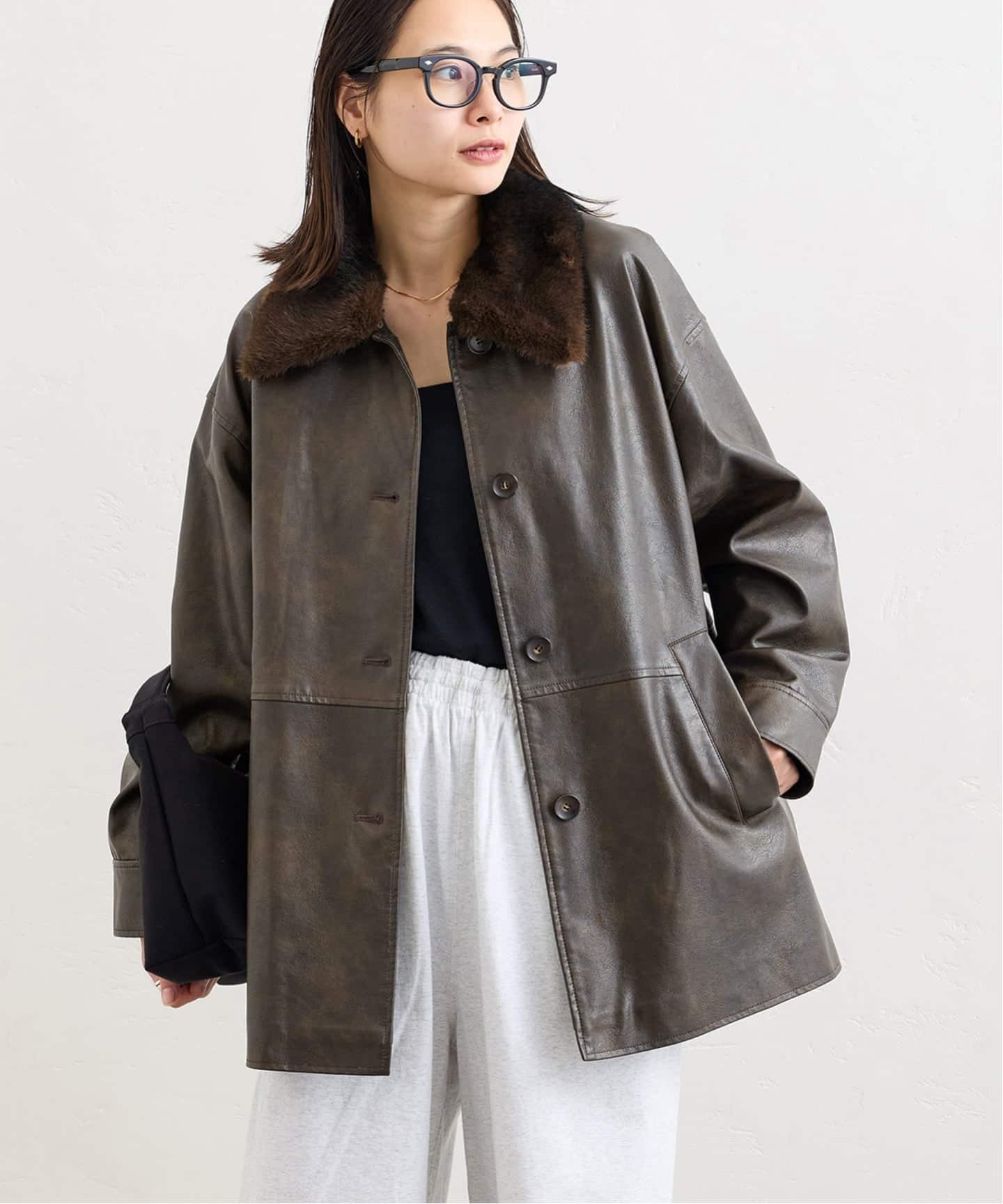 追加予約2》ウォッシャブルフェイクレザーファー襟付