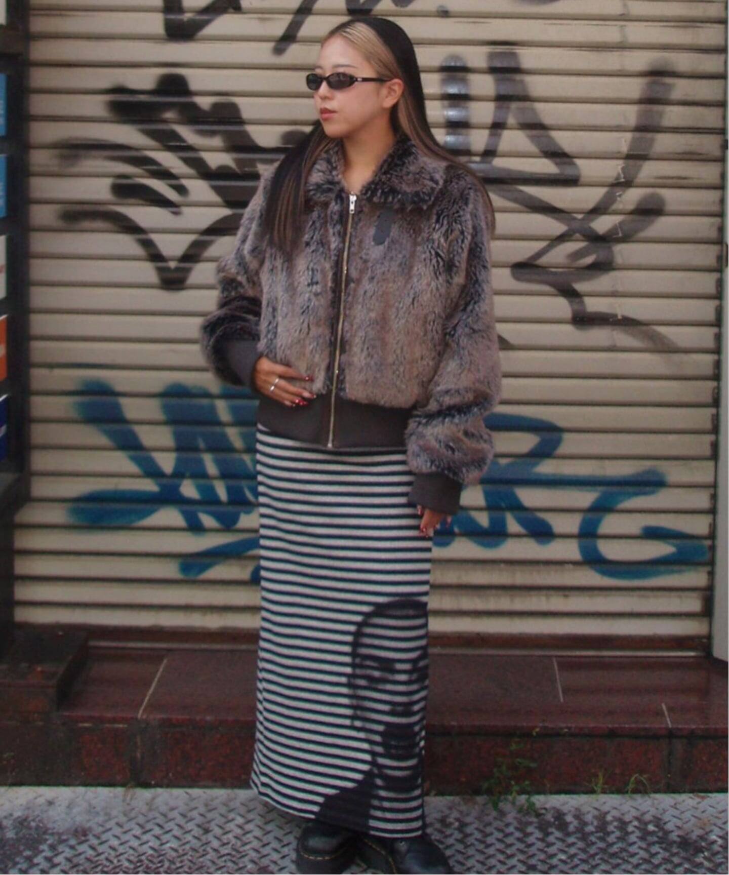 Orians ブラウン ファー ボンバージャケット フェイクファーブルゾン