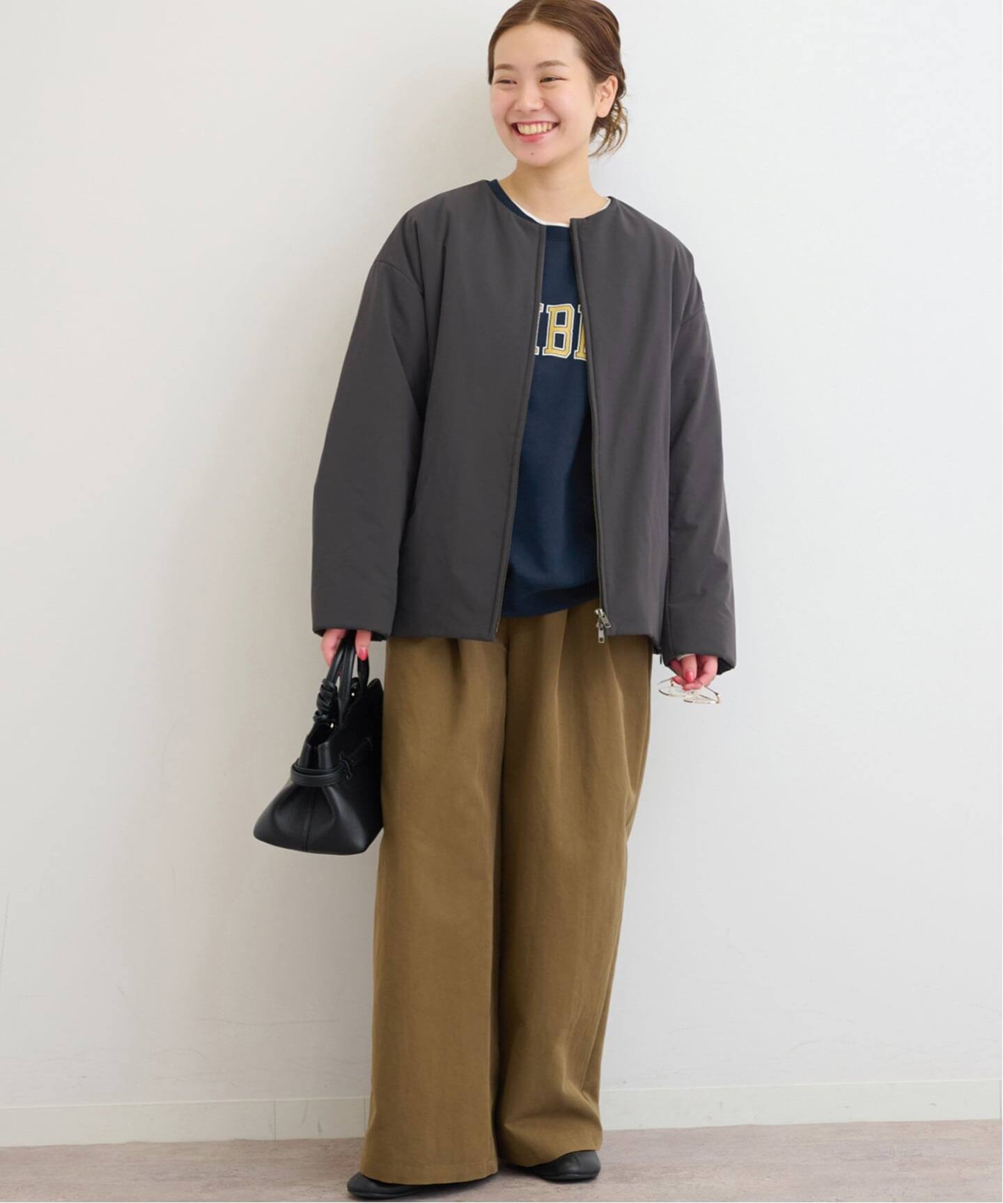 パフィーノーカラーサイドジップブルゾン（中綿・キルティング 