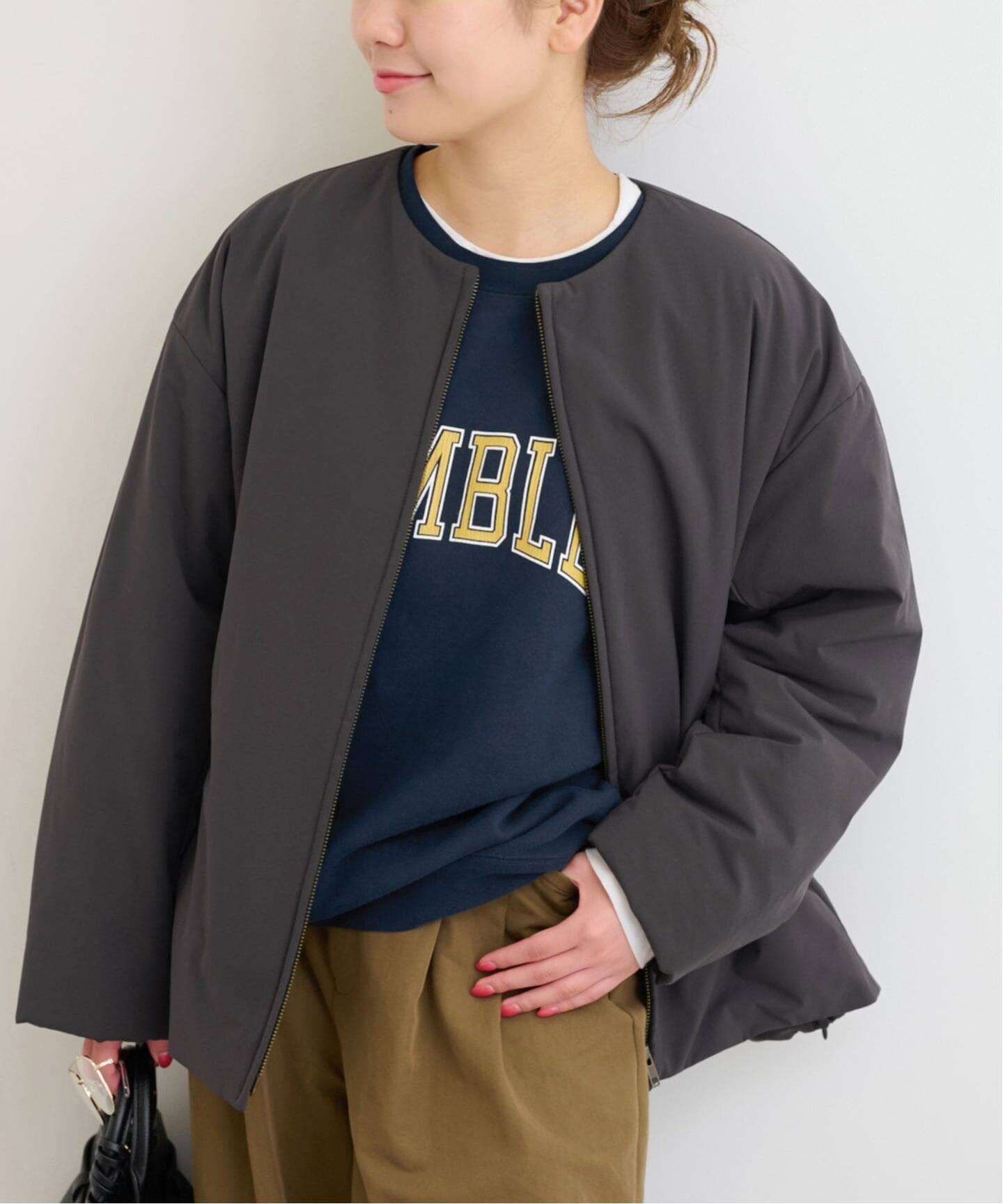 パフィーノーカラーサイドジップブルゾン（中綿・キルティング