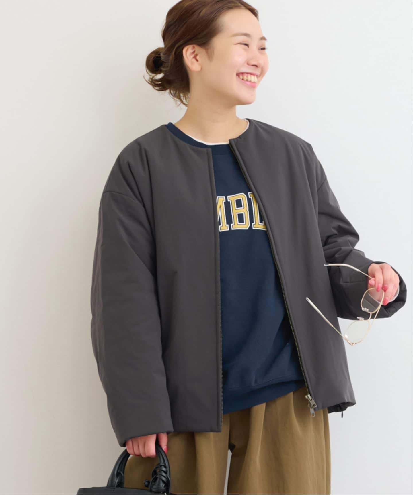 パフィーノーカラーサイドジップブル　ブラック　ジャーナルスタンダードレリューム パフィーノーカラーサイドジップブルゾン（中綿・キルティング