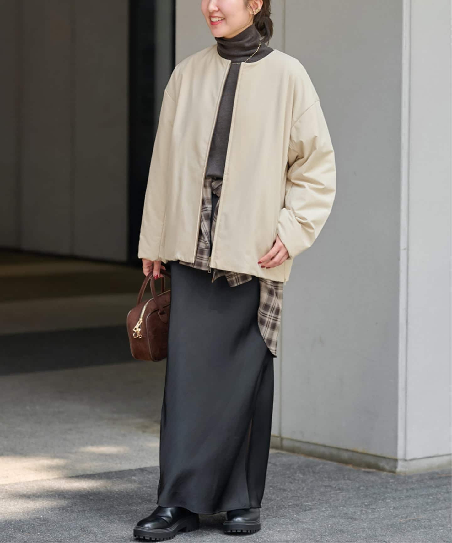 パフィーノーカラーサイドジップブルゾン（中綿・キルティング