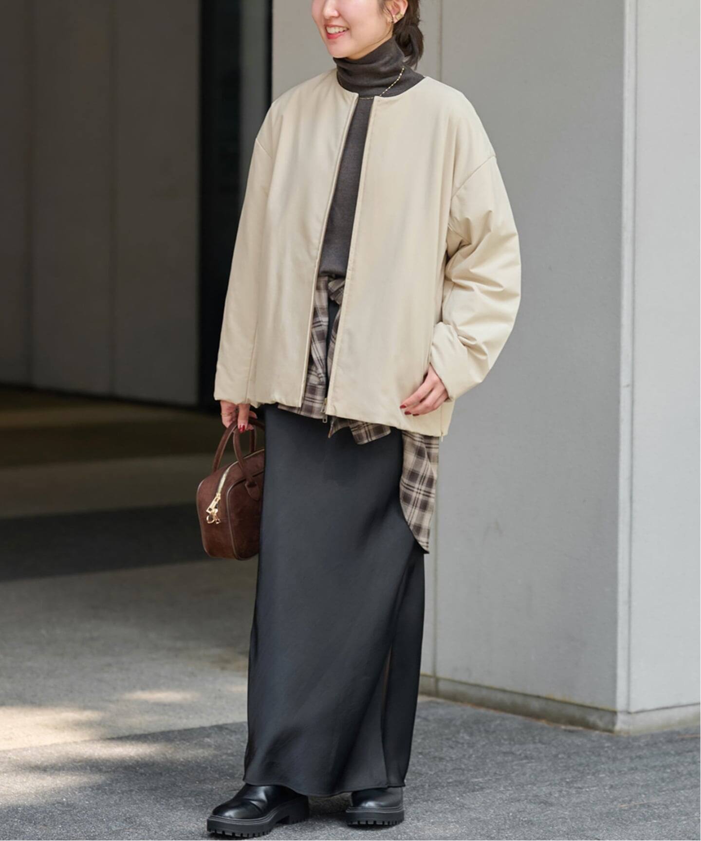 パフィーノーカラーサイドジップブルゾン（中綿・キルティング