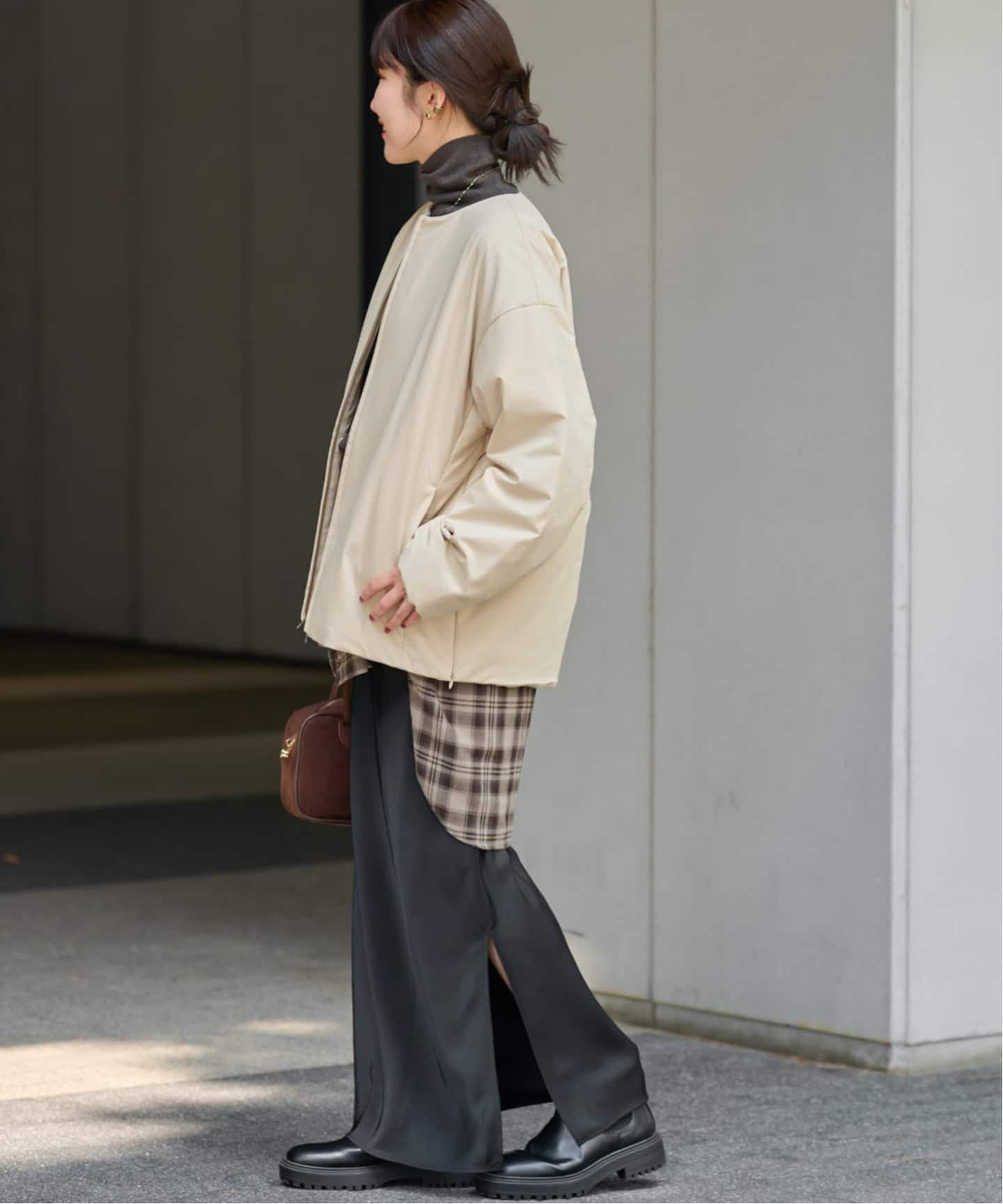 パフィーノーカラーサイドジップブルゾン（中綿・キルティング