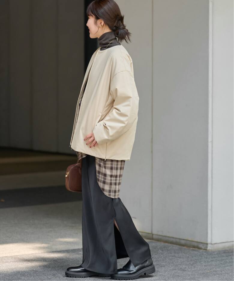 パフィーノーカラーサイドジップブルゾン（中綿・キルティング 