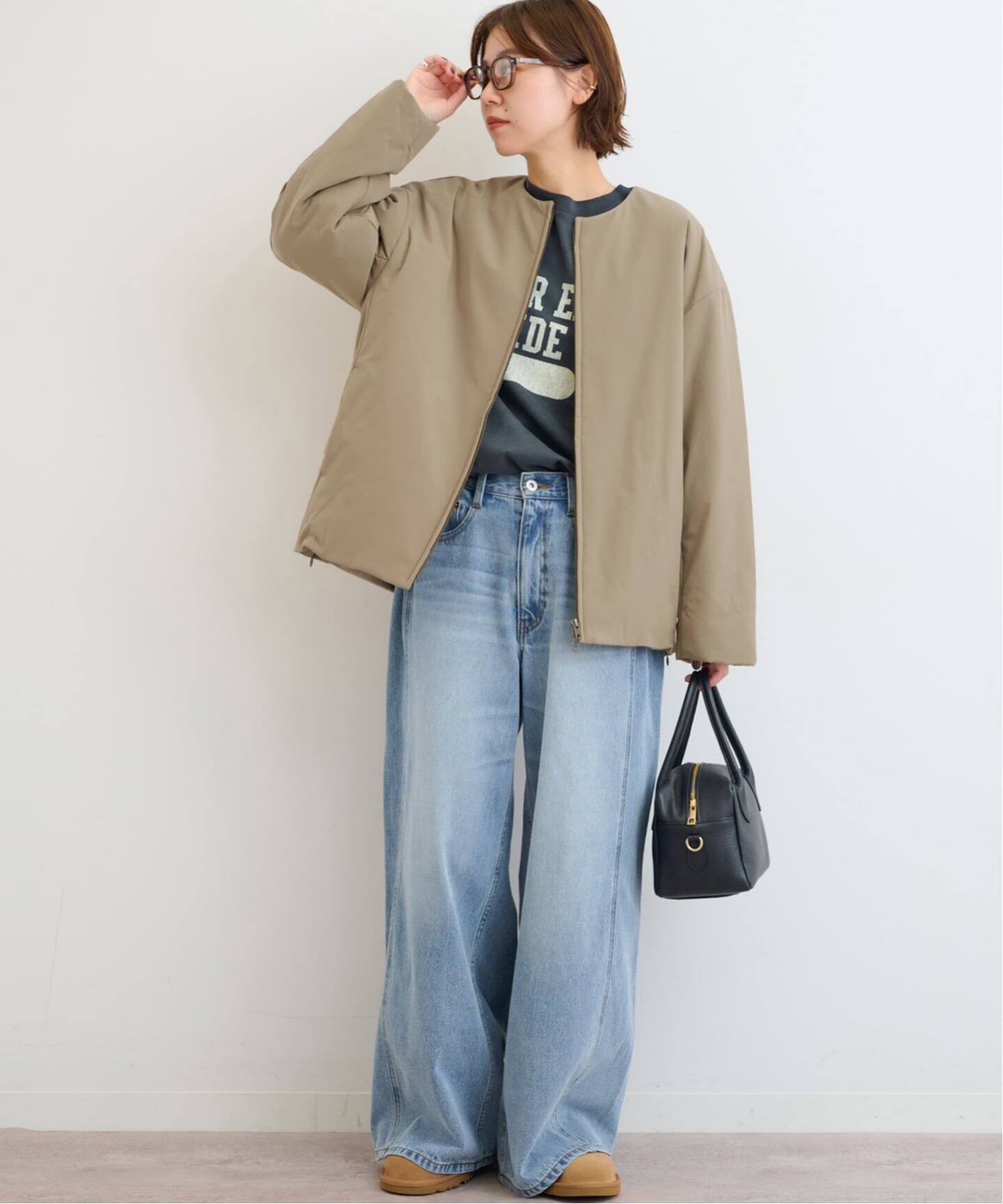 パフィーノーカラーサイドジップブルゾン（中綿・キルティング 