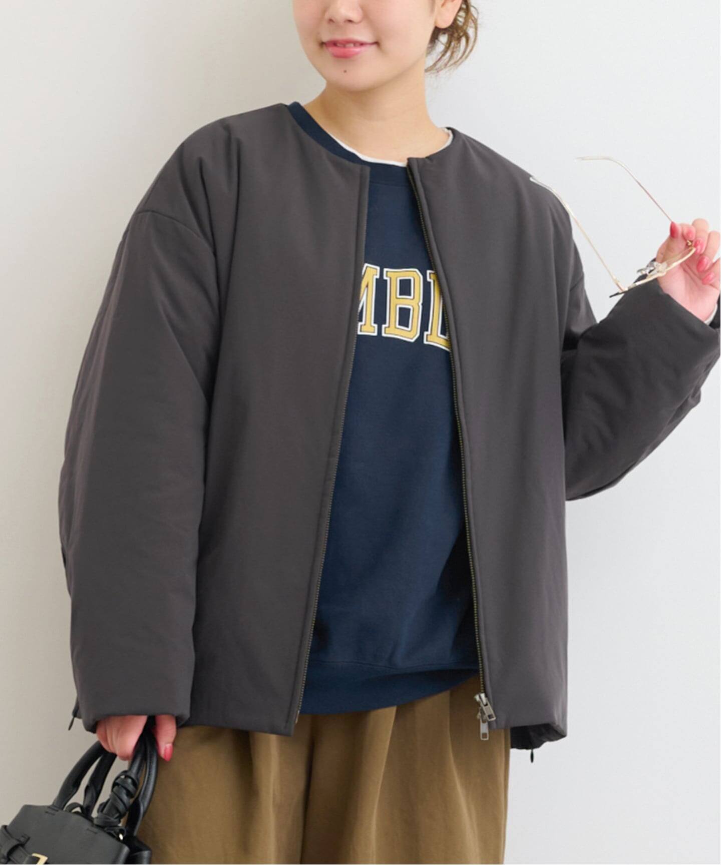 パフィーノーカラーサイドジップブルゾン（中綿・キルティング 