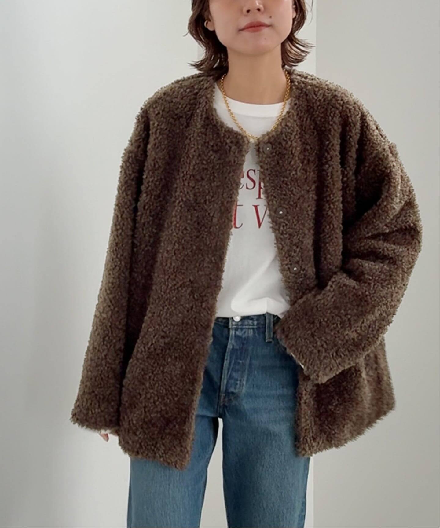 25AW新作］ボアカラーレスジャケット（ボア・フリース