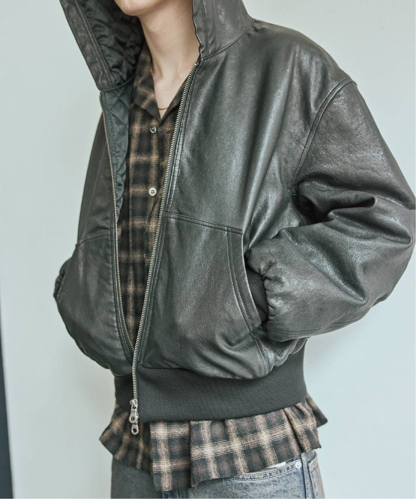 シープ レザー フルベジ ジップ フーディ（レザージャケット