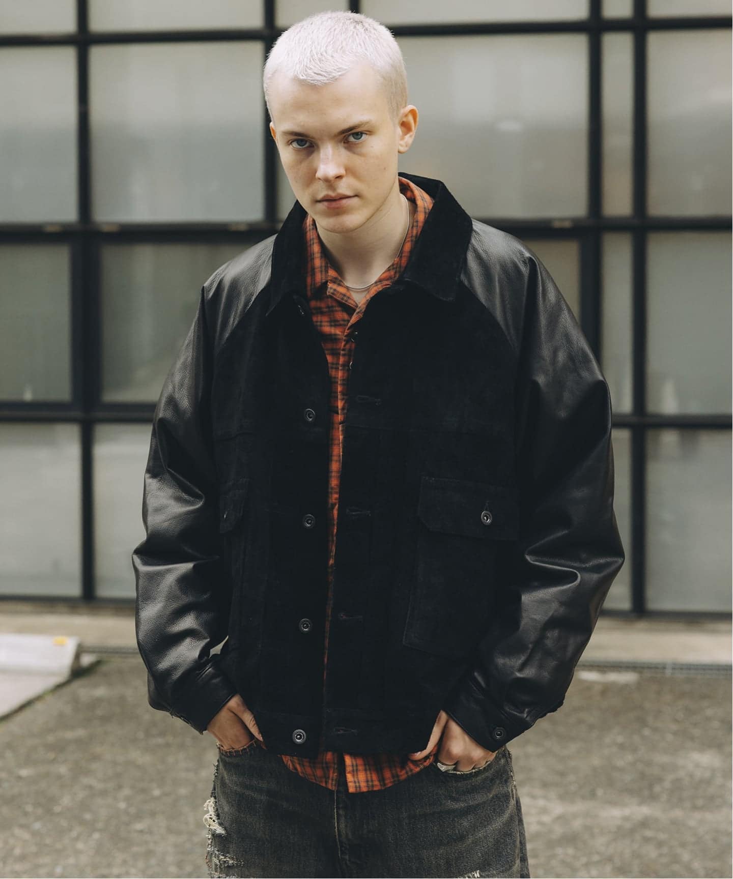 A LEATHER × JOURNAL STANDARD COMBI TRUCKER JACKET（レザー