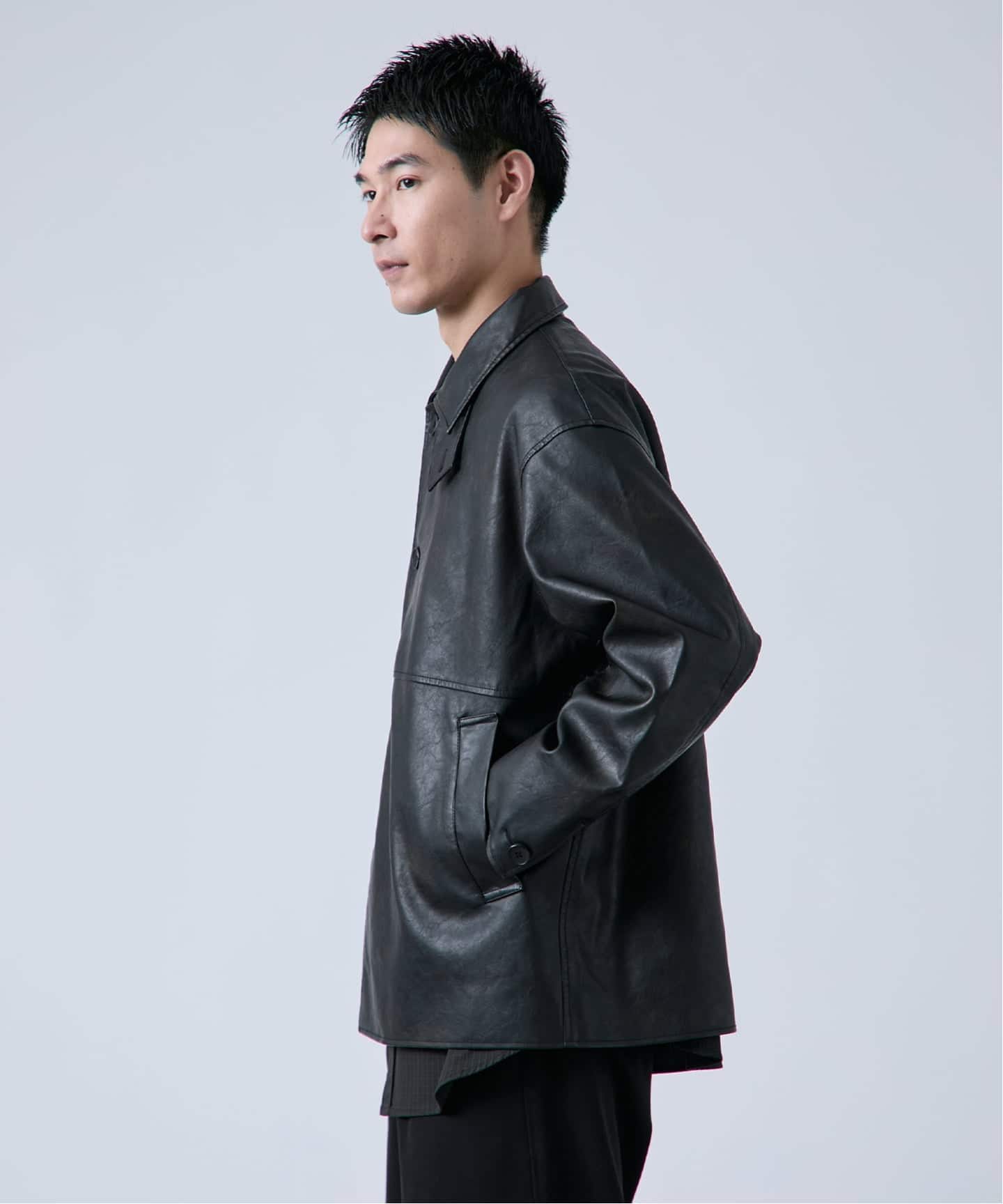 フェード加工 フェイクレザーカーコート（レザージャケット）｜B.C