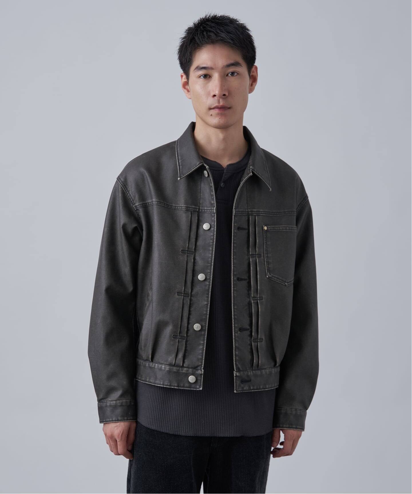 フェード加工 フェイクレザー トラッカージャケット（レザージャケット