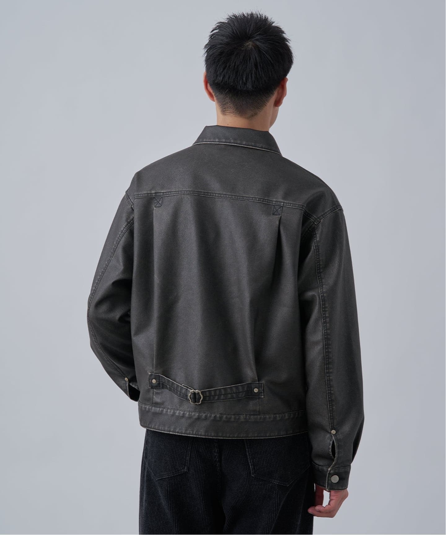 フェード加工 フェイクレザー トラッカージャケット（レザージャケット