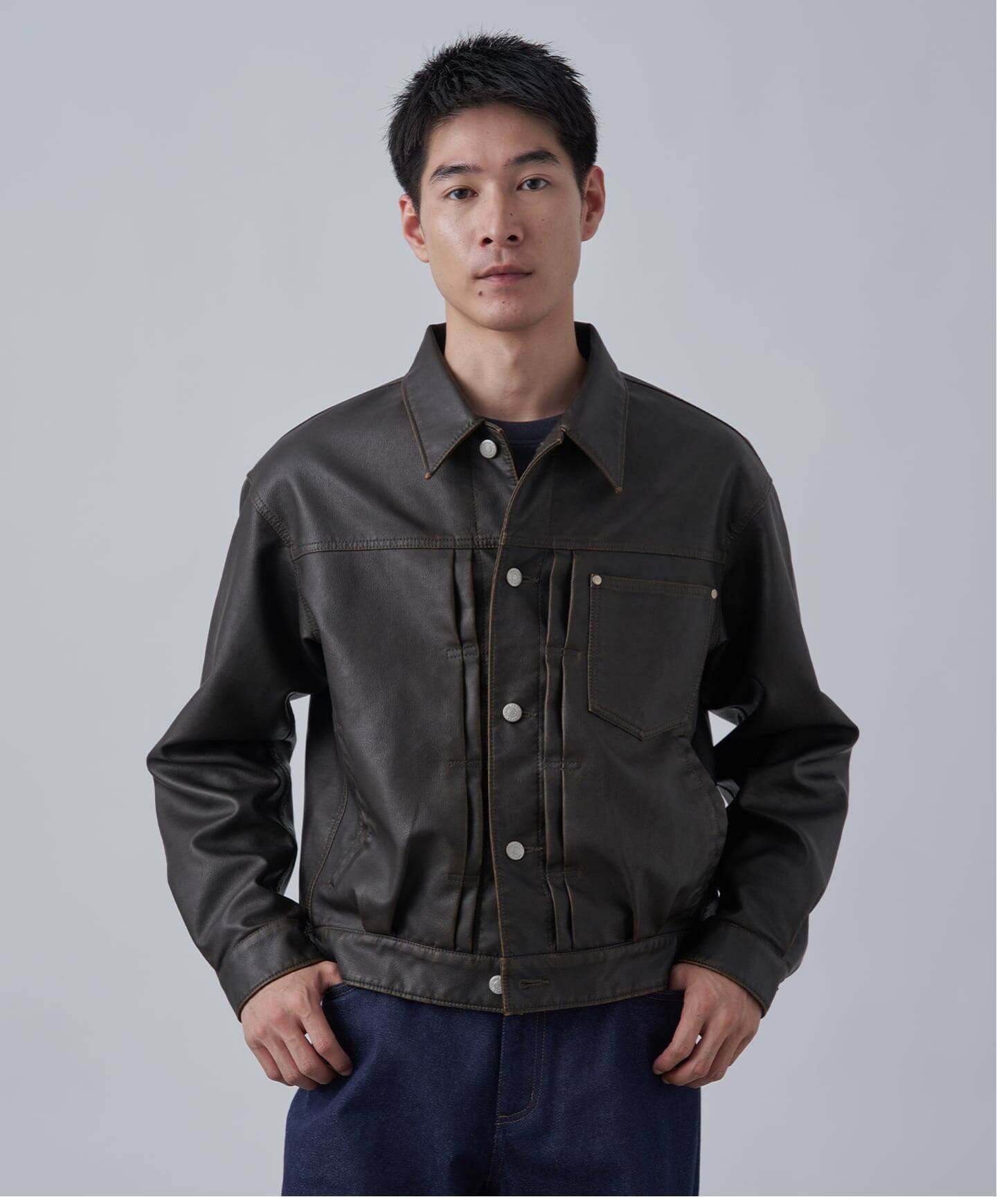 フェード加工 フェイクレザー トラッカージャケット（レザージャケット