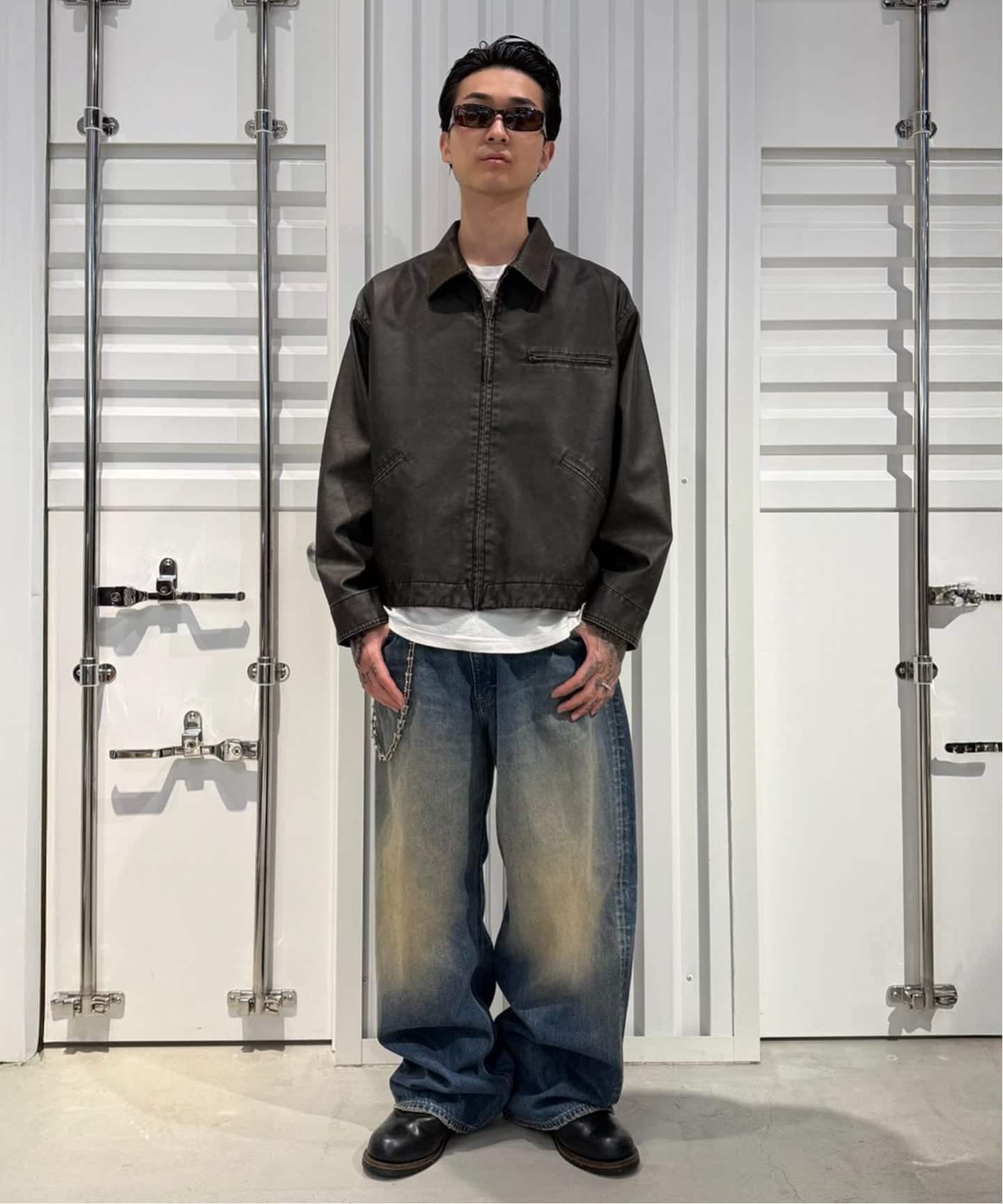 フェードレザー ワークカバーオール / Faded Faux Leather Work