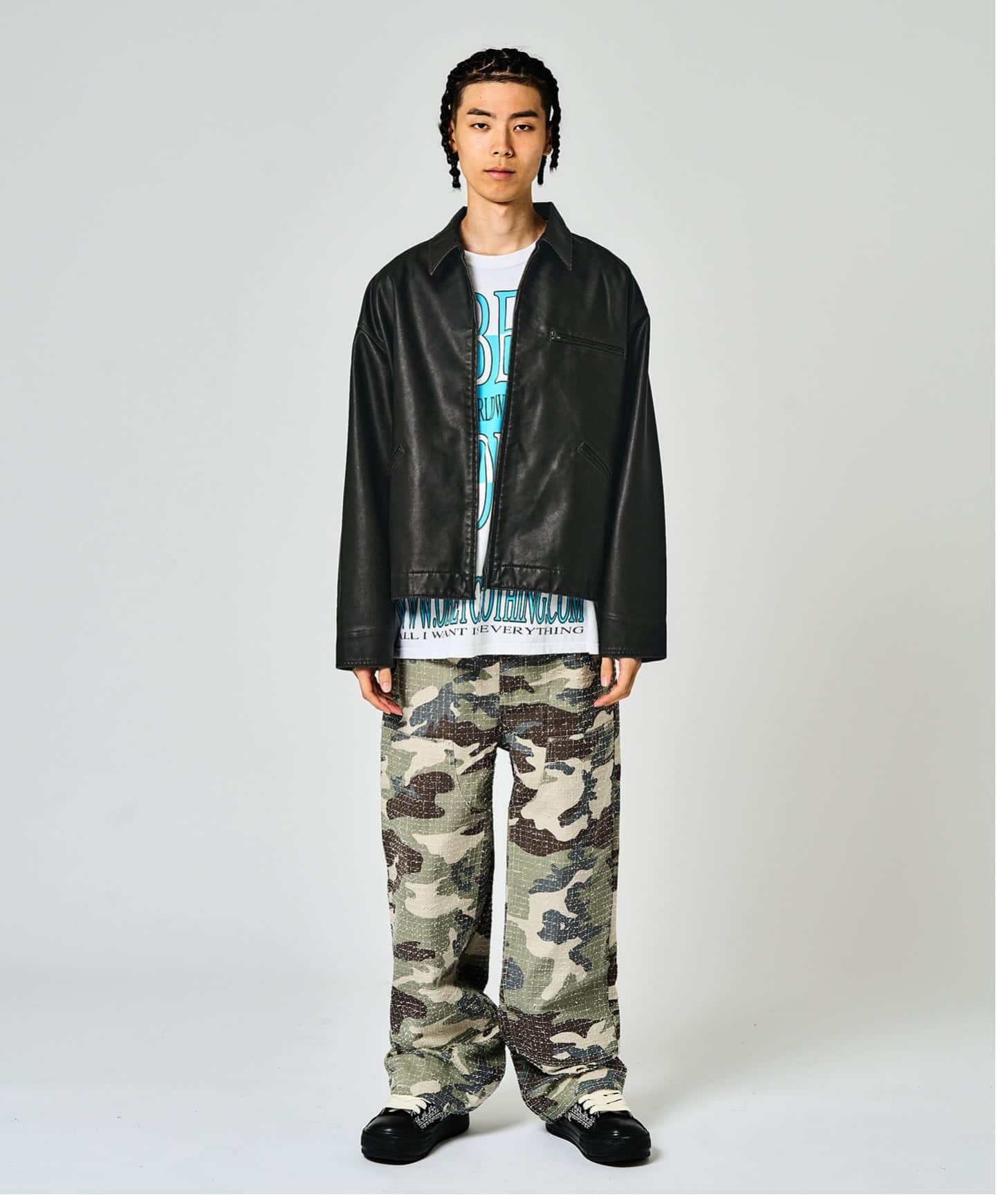 フェードレザー ワークカバーオール / Faded Faux Leather Work