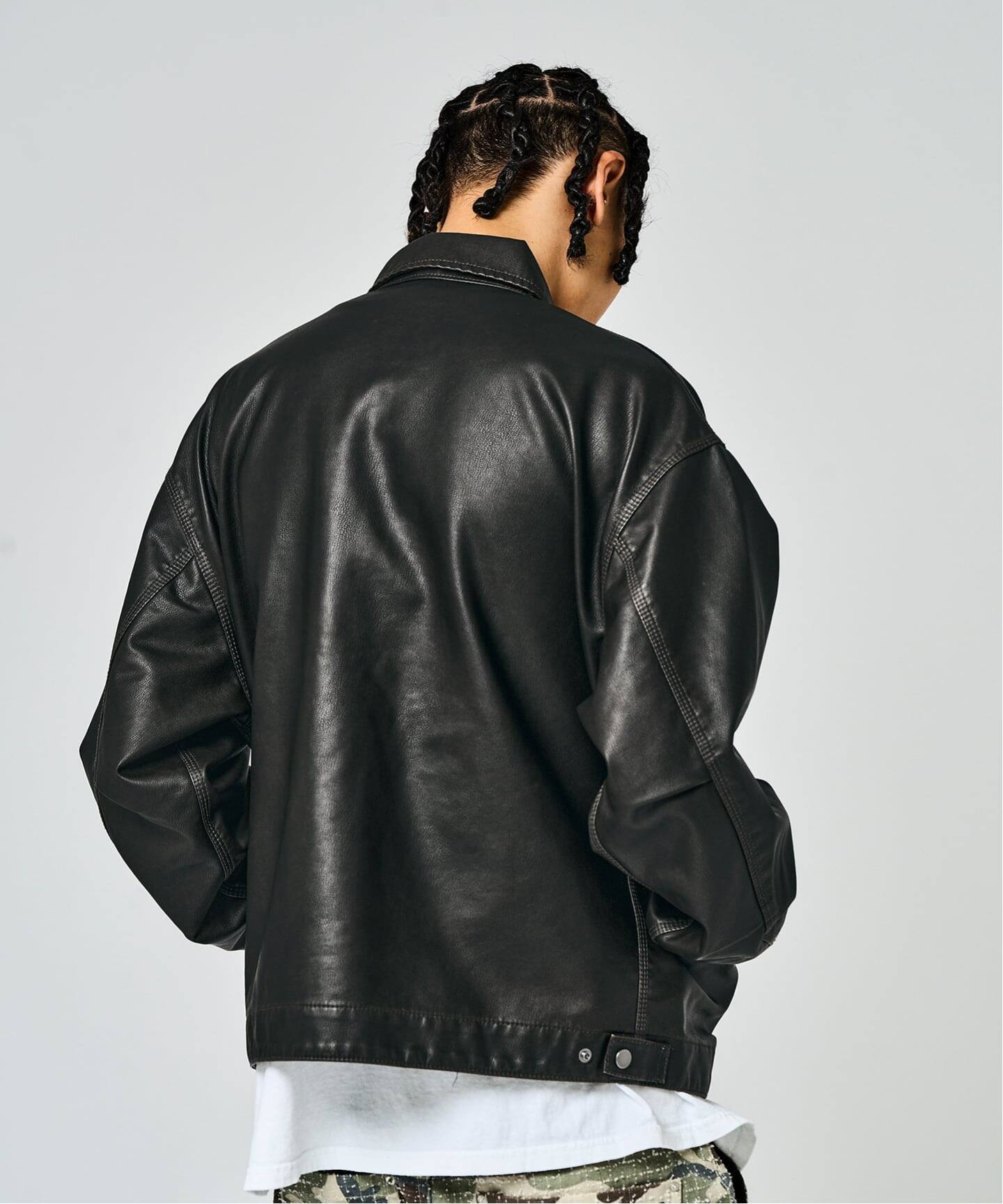 フェードレザー ワークカバーオール / Faded Faux Leather Work