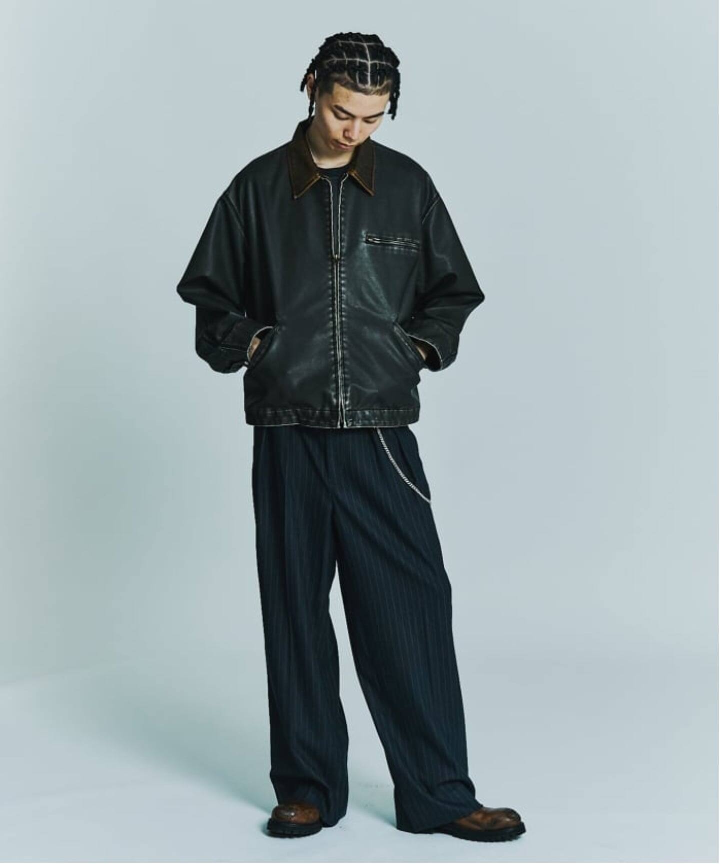 襤褸 鬼フェード ビンテージ ジャーマン HBT ワークジャケット カバーオール フェードレザー ワークカバーオール / Faded Faux Leather Work