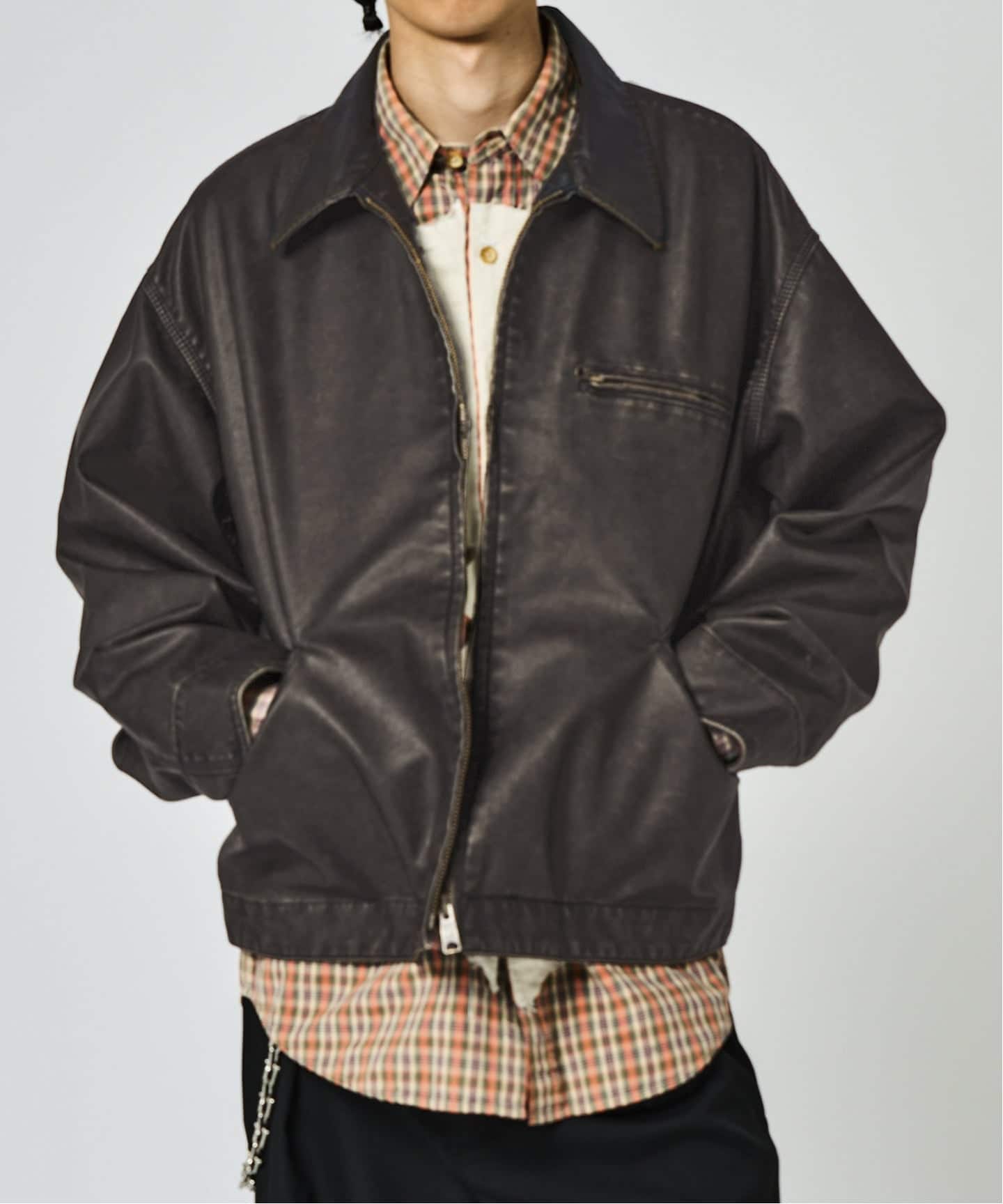 フェードレザー ワークカバーオール / Faded Faux Leather Work