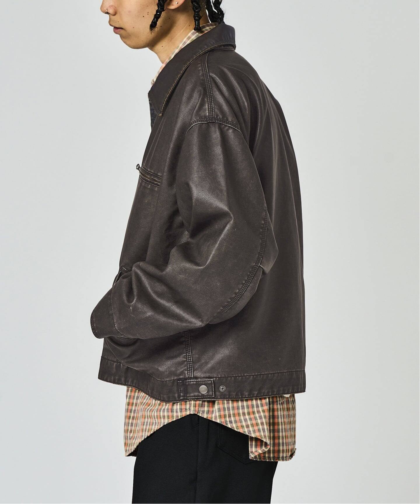 フェードレザー ワークカバーオール / Faded Faux Leather Work