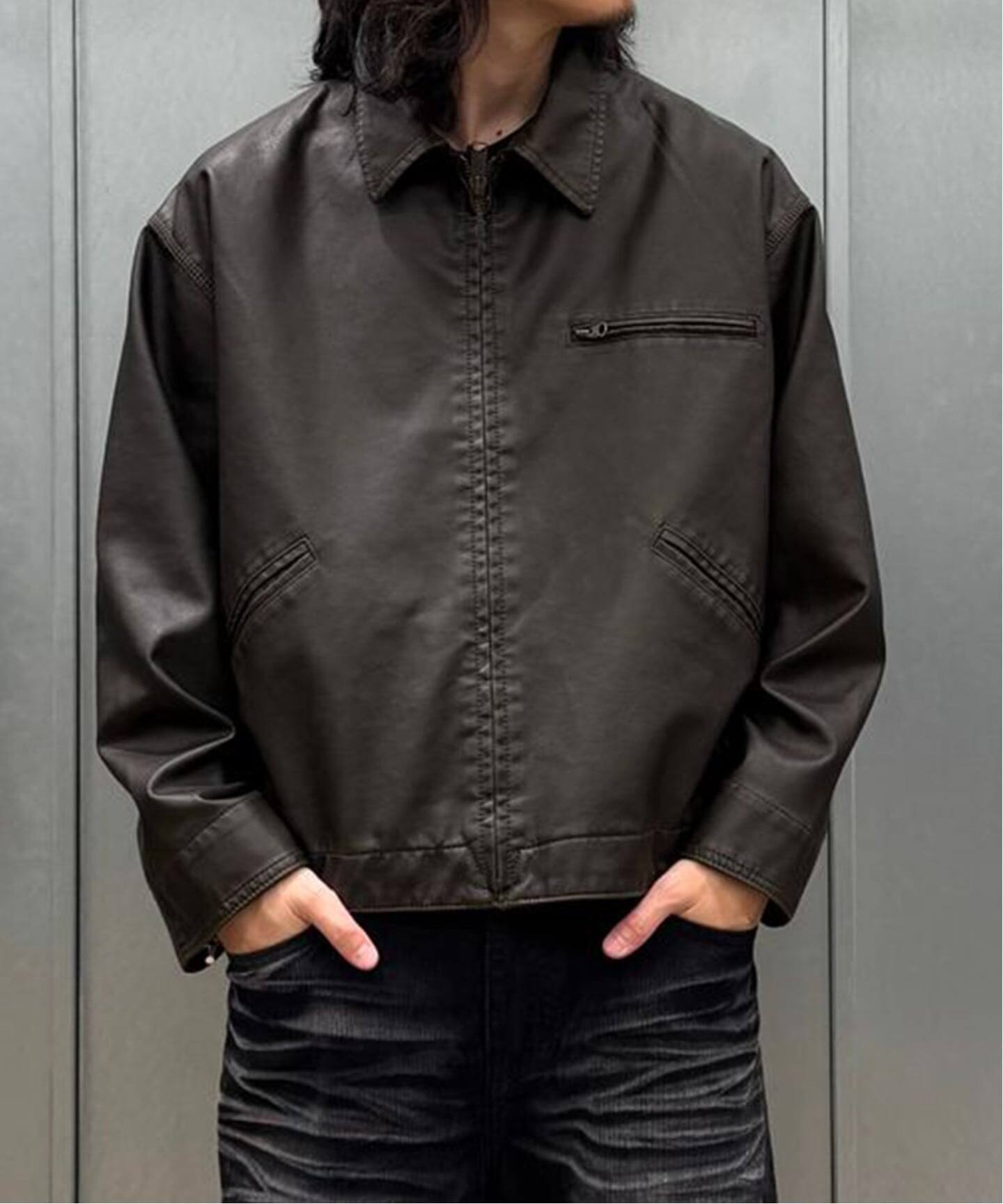 フェードレザー ワークカバーオール / Faded Faux Leather Work 