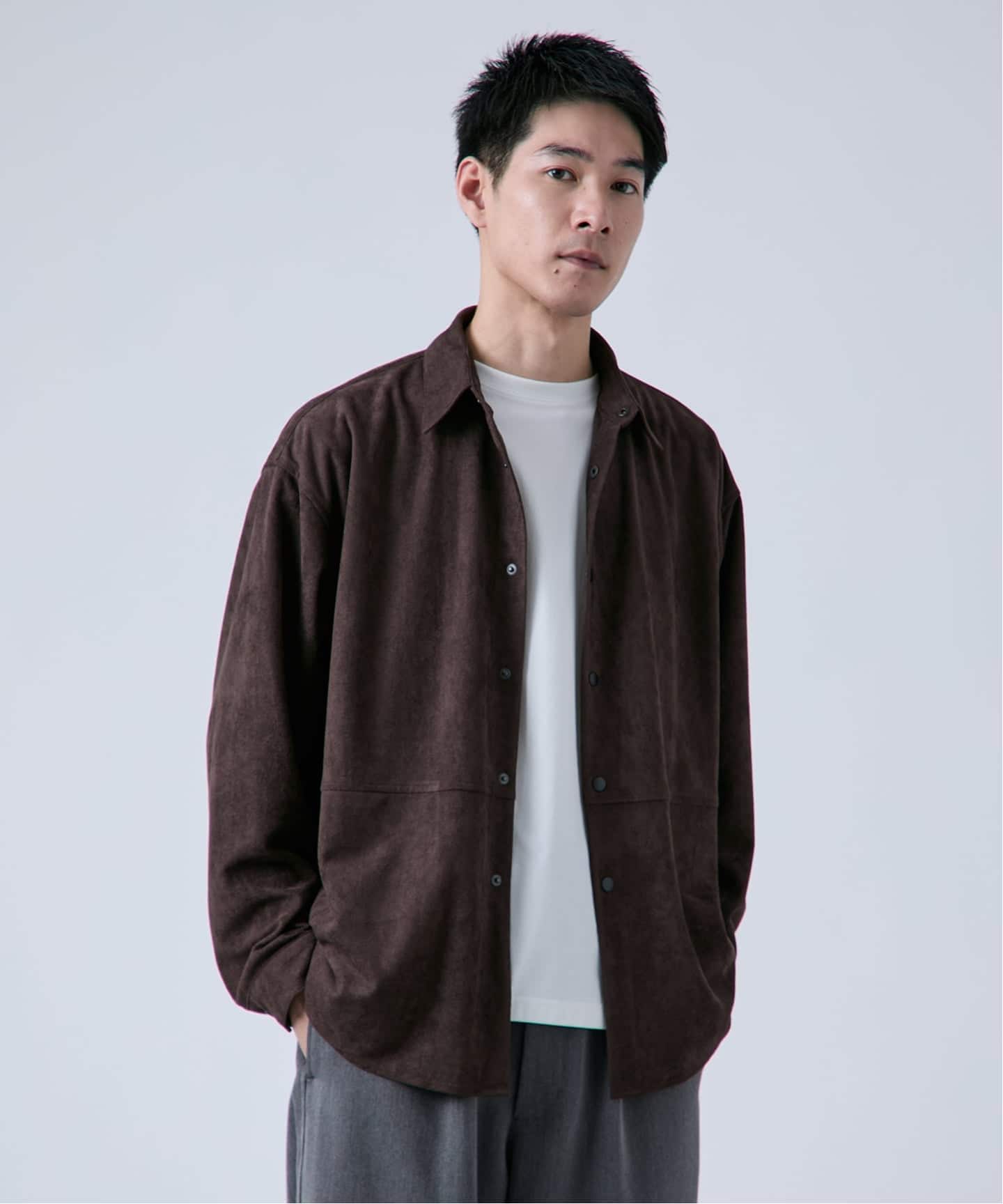 レザー　羊革　スエード 長袖シャツ　ジャケット　チョコブラウン フェイク レザー / スエード シャツジャケット（レザー