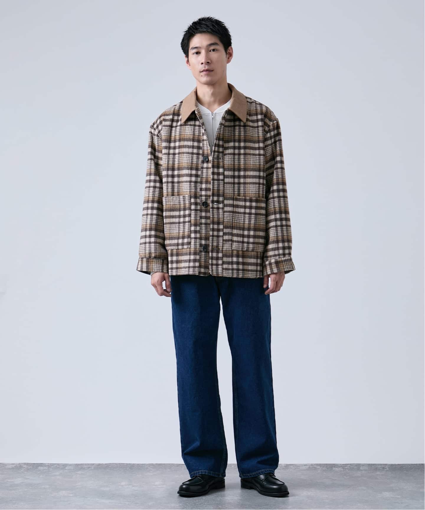 J①　βMEN　タータンチェックフードブルゾン&カットソー Check pattern splicing denim collar jacket blouson ユニ