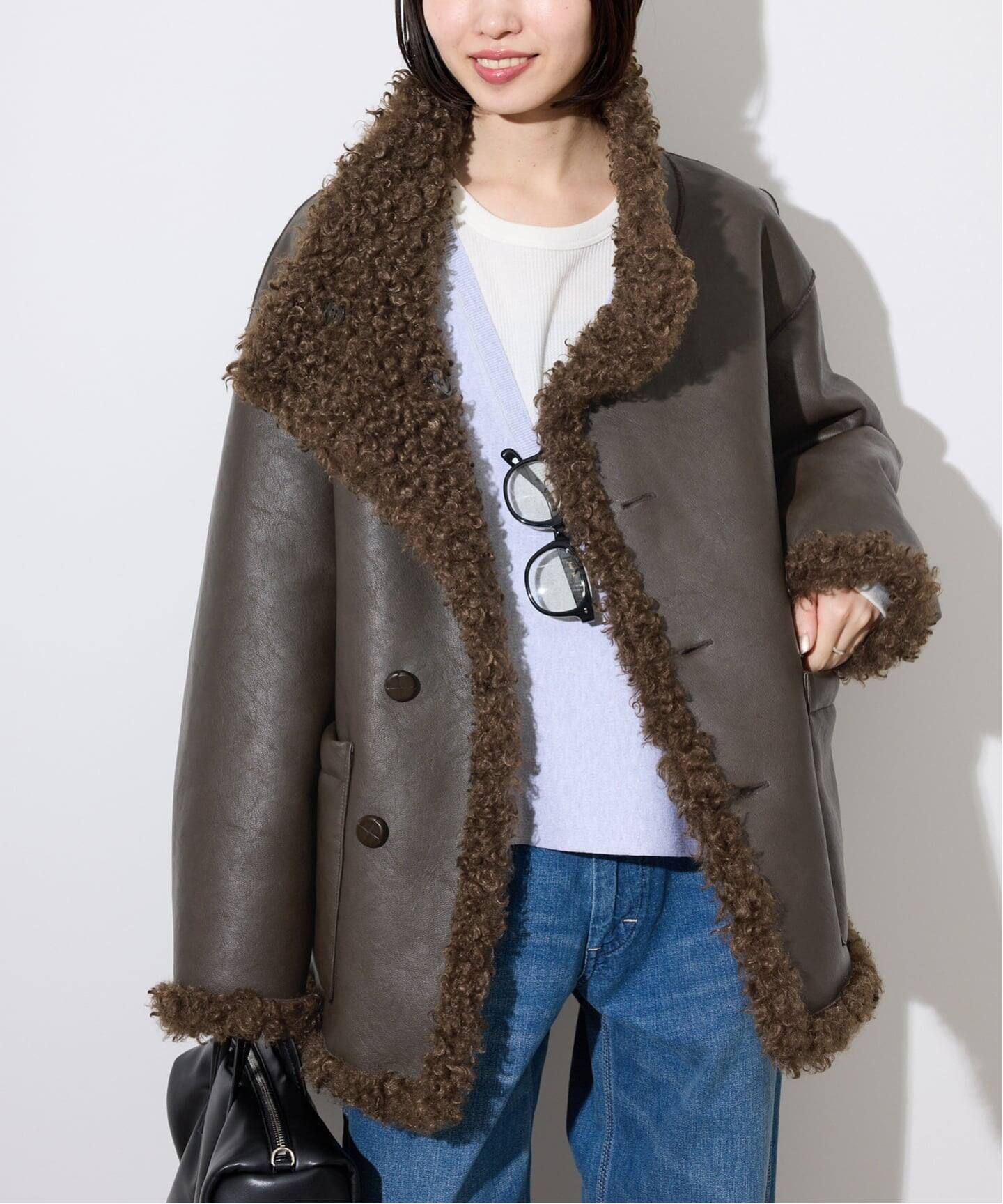 リバーシブルフェイクムートンスタンドブルゾン（ムートンコート