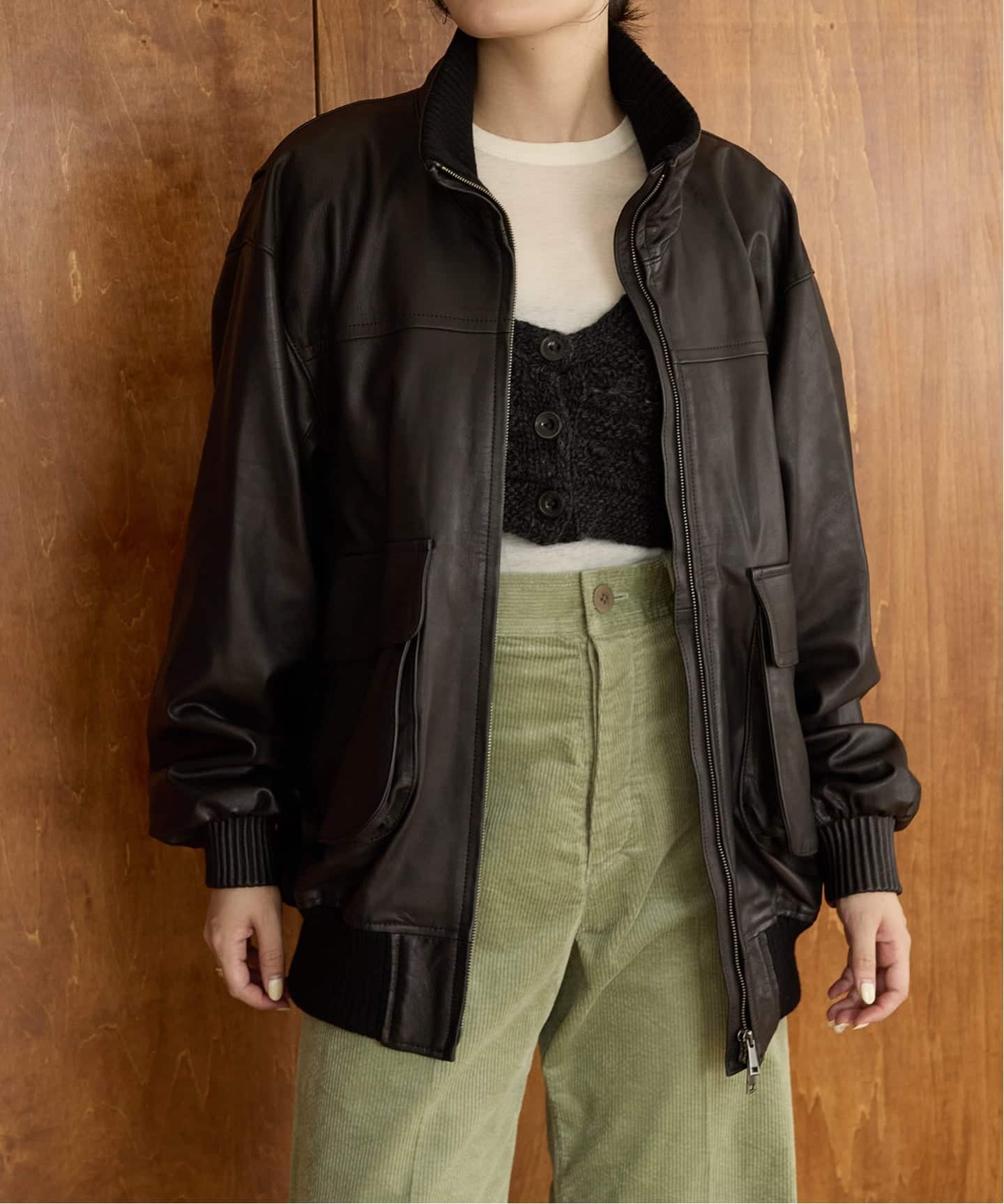 IENA LA BOUCLE レザースタンドネックブルゾン（レザージャケット