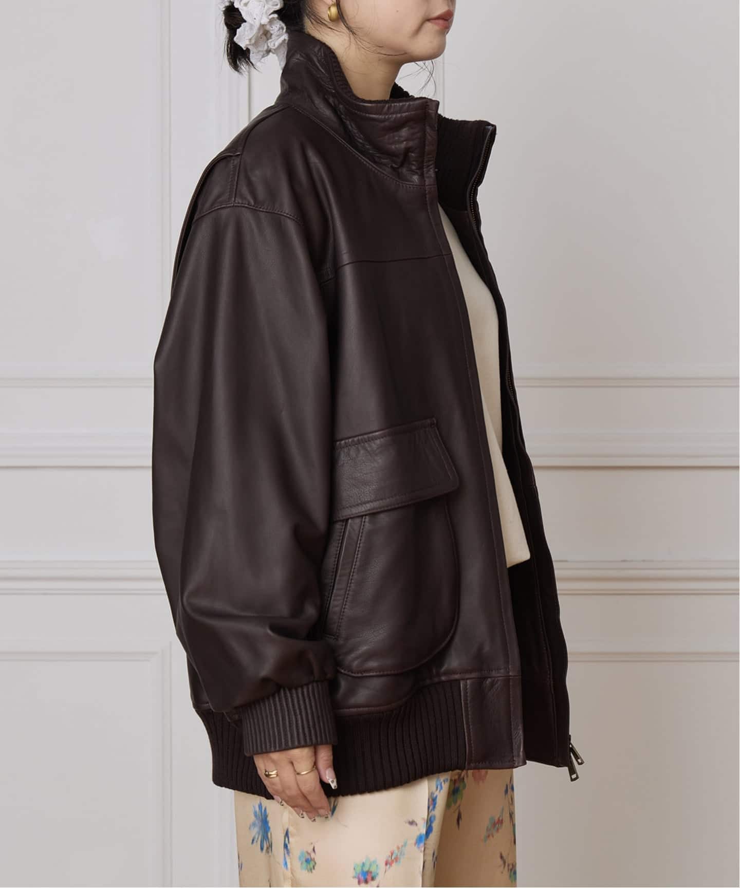 IENA LA BOUCLE レザースタンドネックブルゾン（レザー