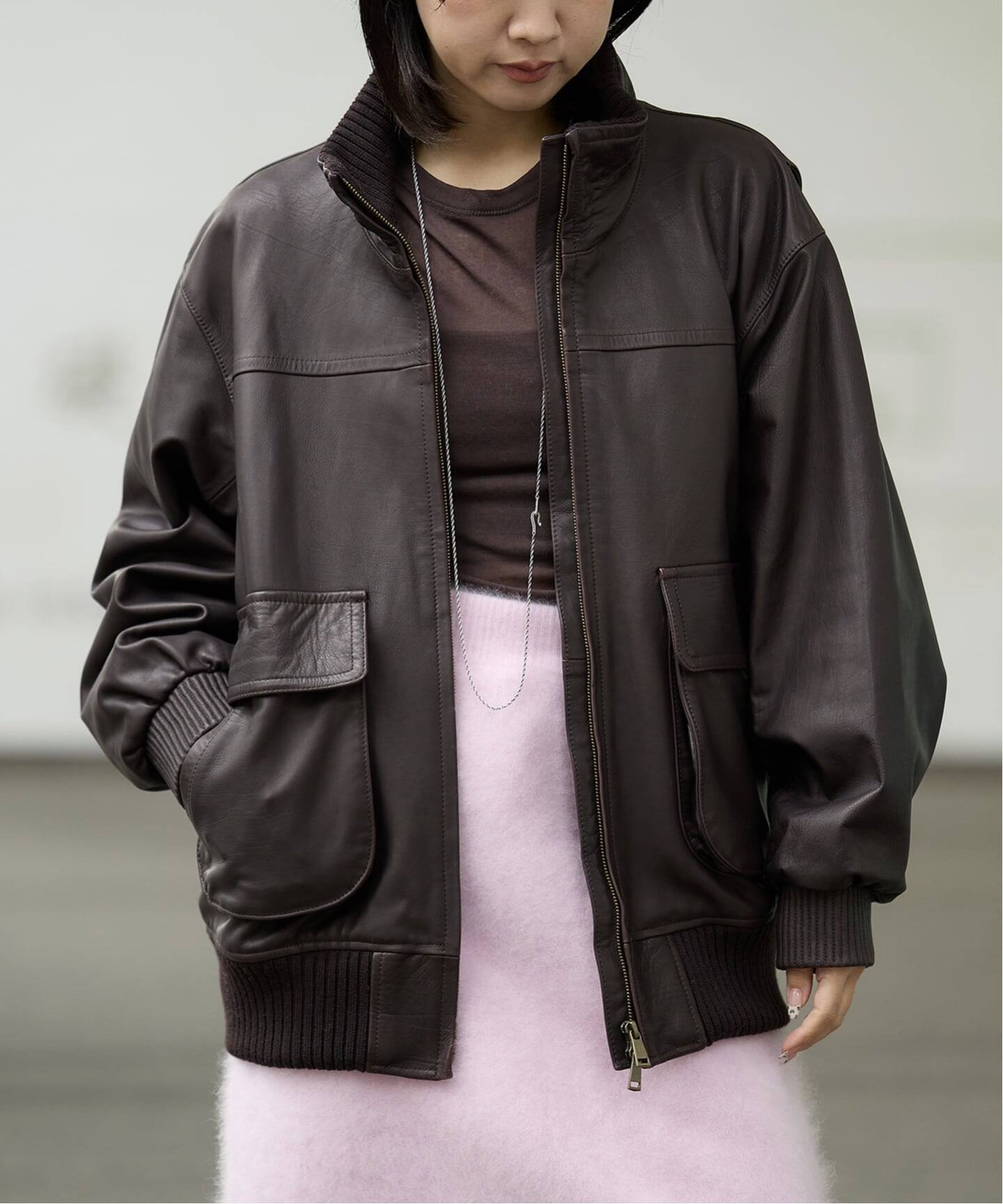 IENA LA BOUCLE レザースタンドネックブルゾン（レザージャケット