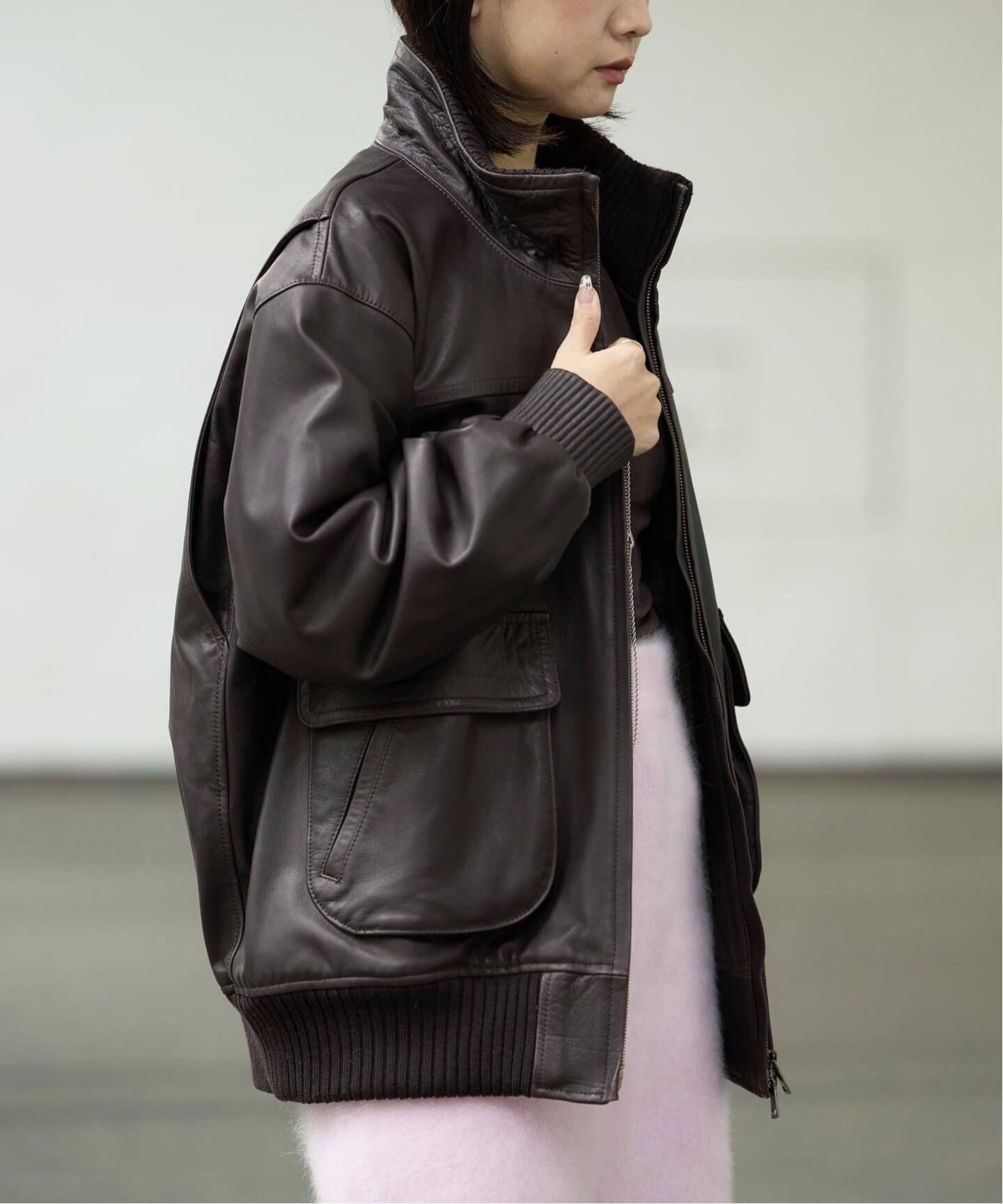 IENA LA BOUCLE レザースタンドネックブルゾン（レザージャケット