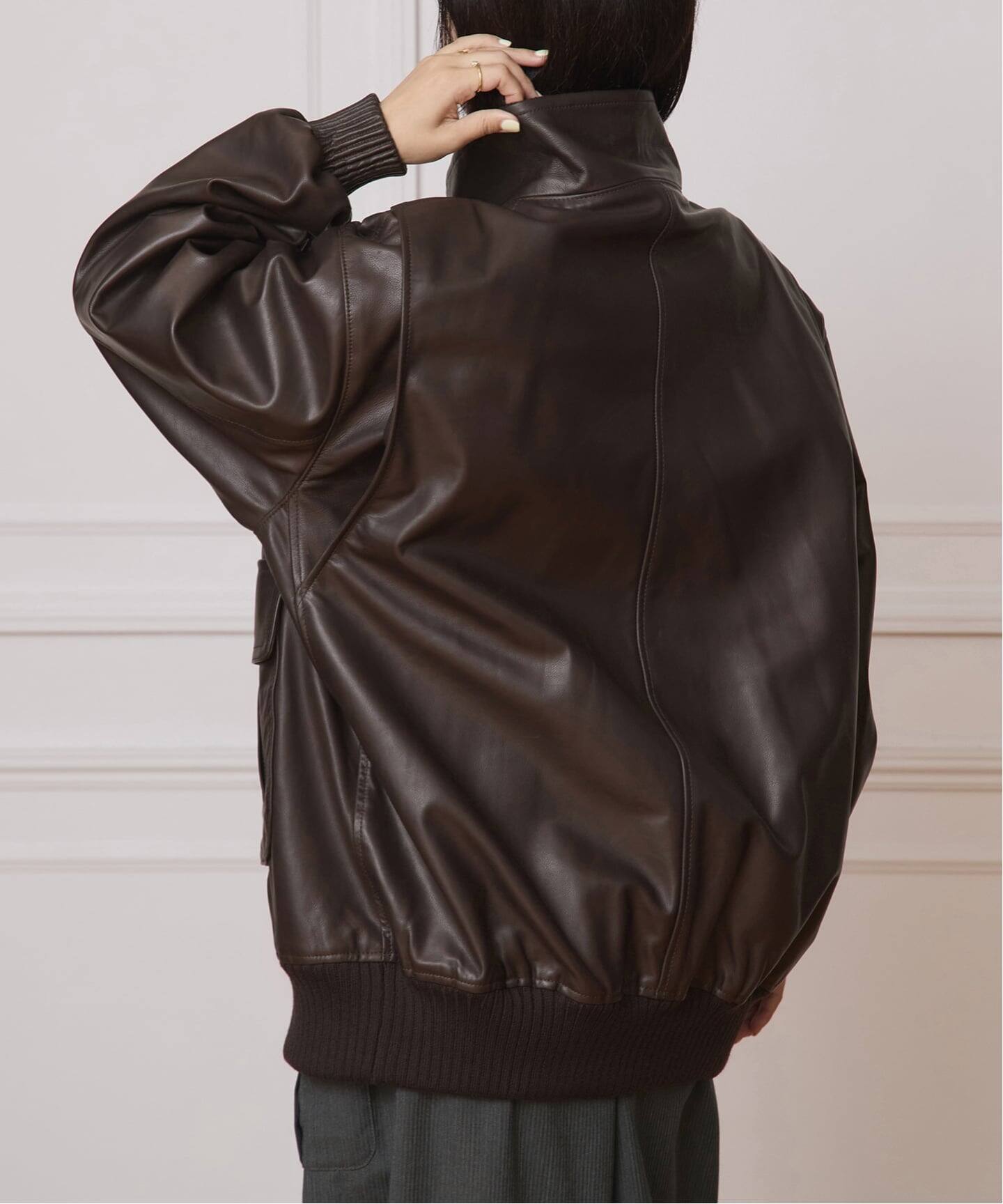 予約》IENA LA BOUCLE レザースタンドネックブルゾン（レザー