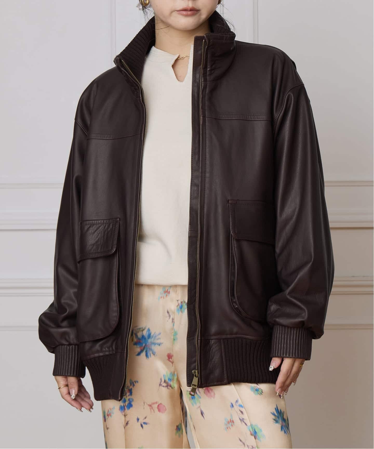 IENA LA BOUCLE レザースタンドネックブルゾン（レザージャケット