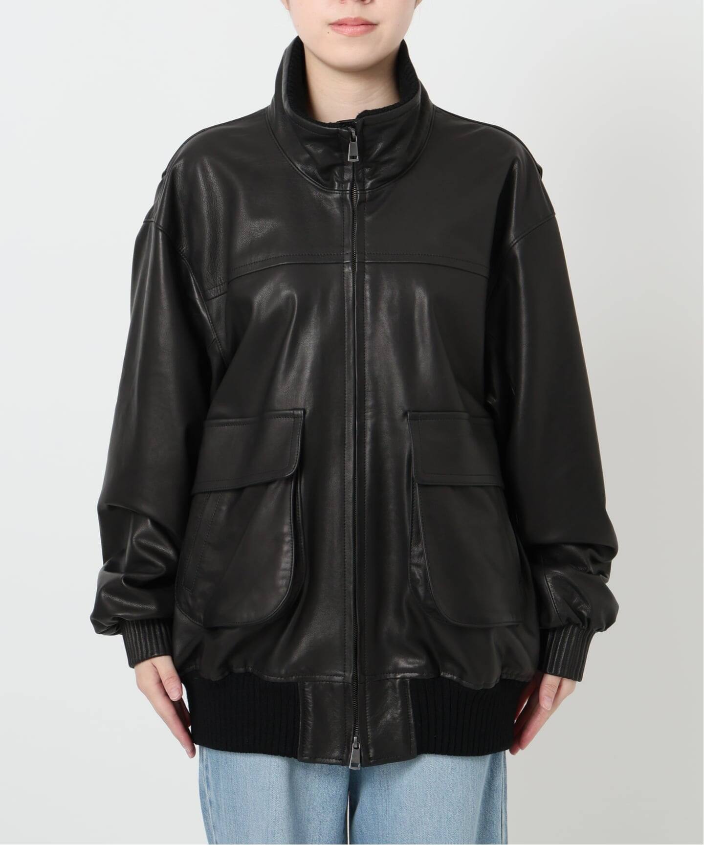 予約》IENA LA BOUCLE レザースタンドネックブルゾン（レザー