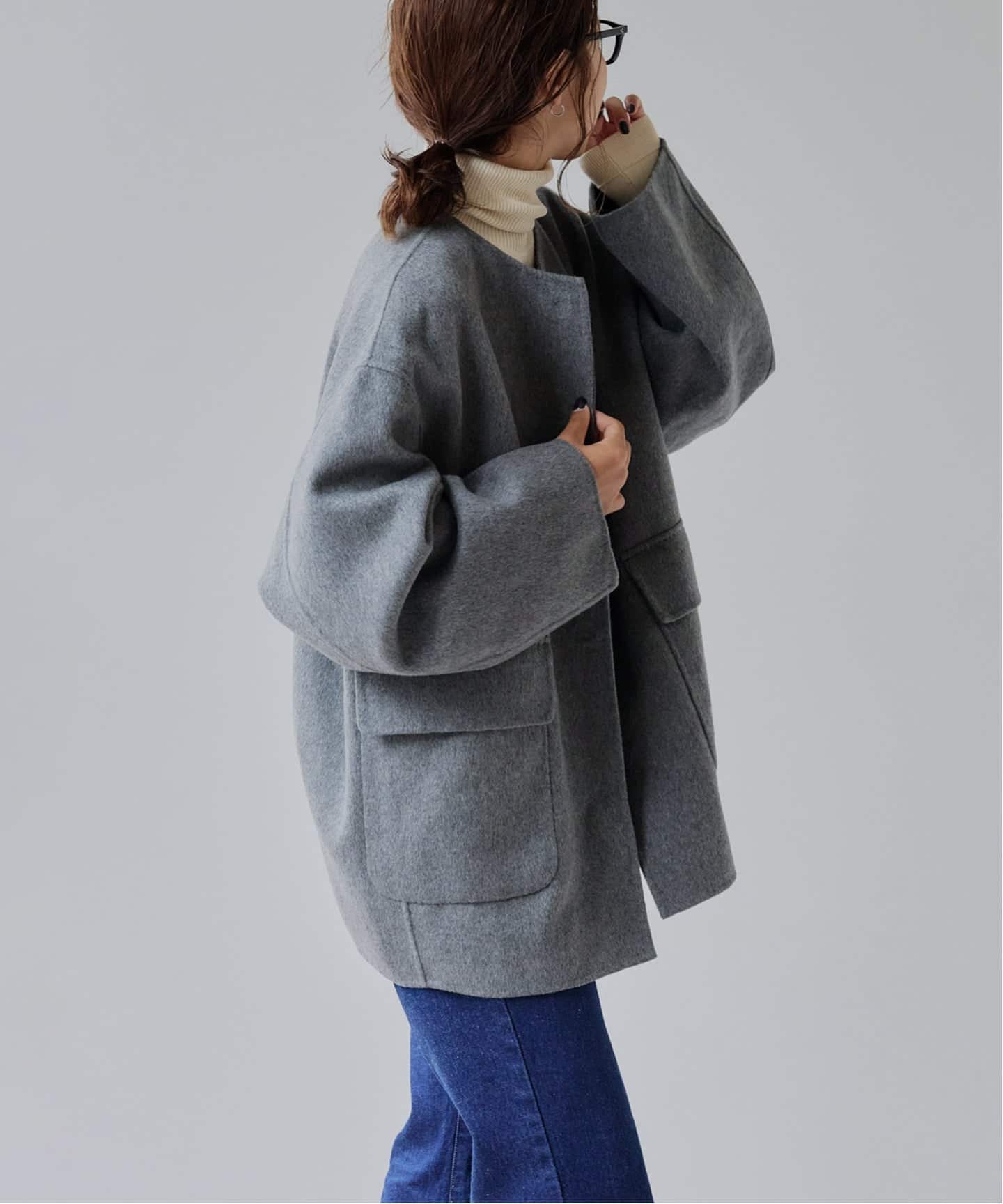 Primary NavyLabel ダブルフェイスノーカラーコート SHIPS Primary Navy Label:ウールダブルフェイスノーカラー