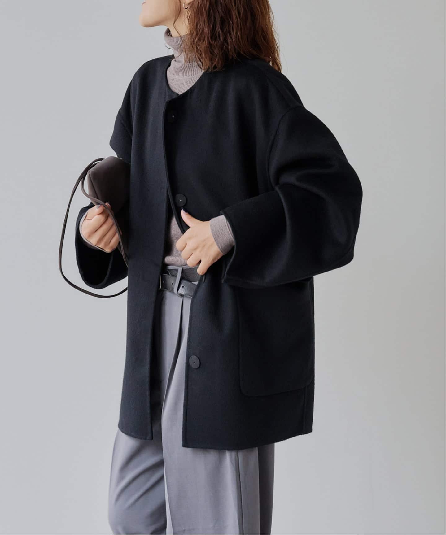 Deuxieme Classe ダブルフェイスノーカラーコート ブラック ダブルフェイスノーカラーコート（ノーカラーコート）｜OUTDOOR