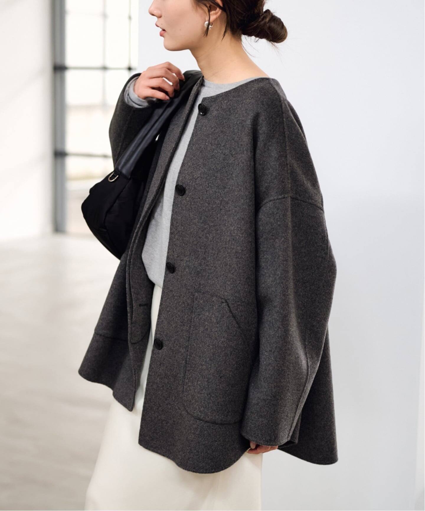 ハミルトンリバークルーネックコート グレー 36FRAMeWORK ≪WEB限定追加≫ハミルトンリバークルーネックコート（ノーカラー