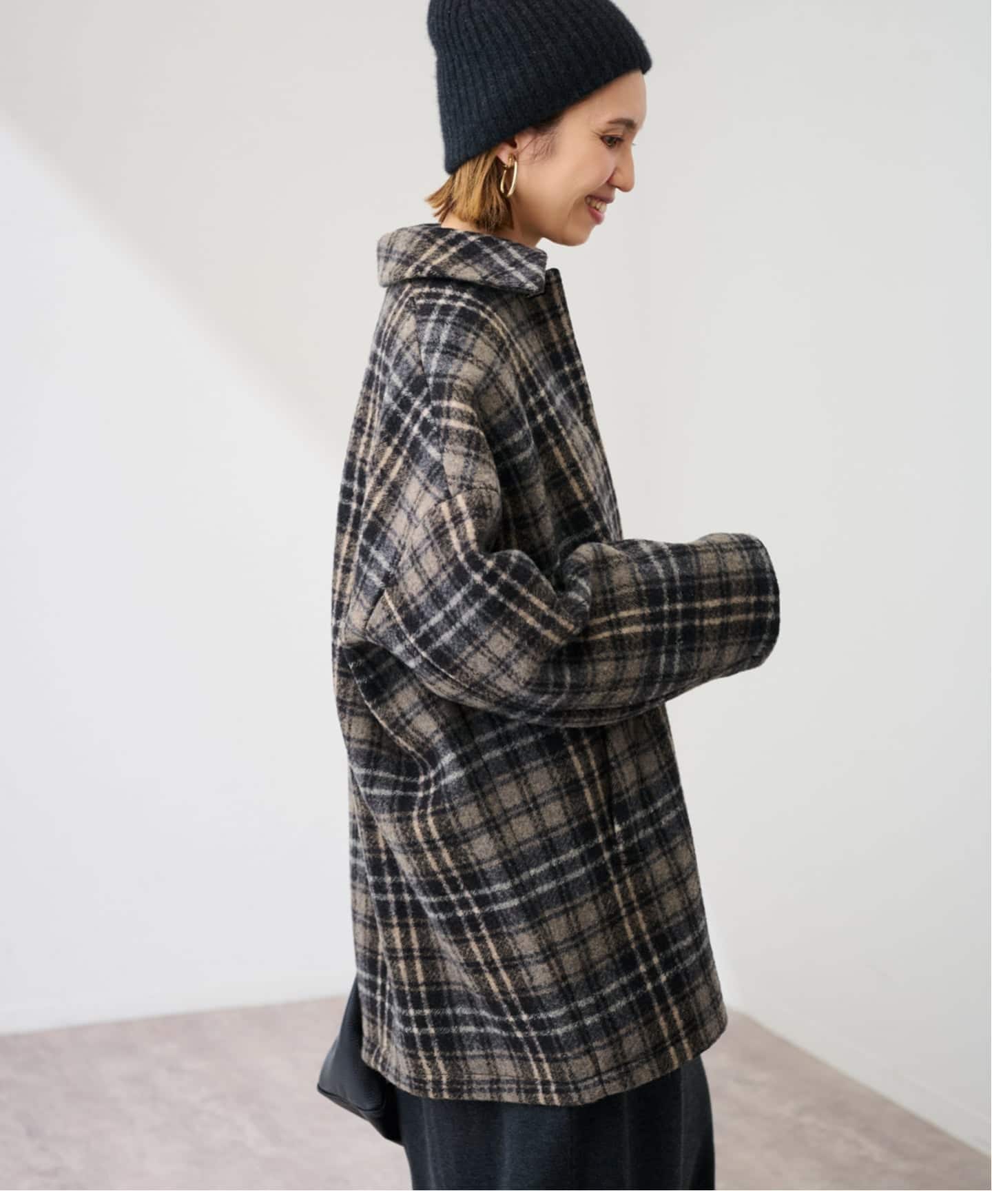 極美品 フレームワーク ミニチェックコート ウール ブラック 38 PRIMAチェックコート（ステンカラーコート）｜FRAMeWORK（フレーム