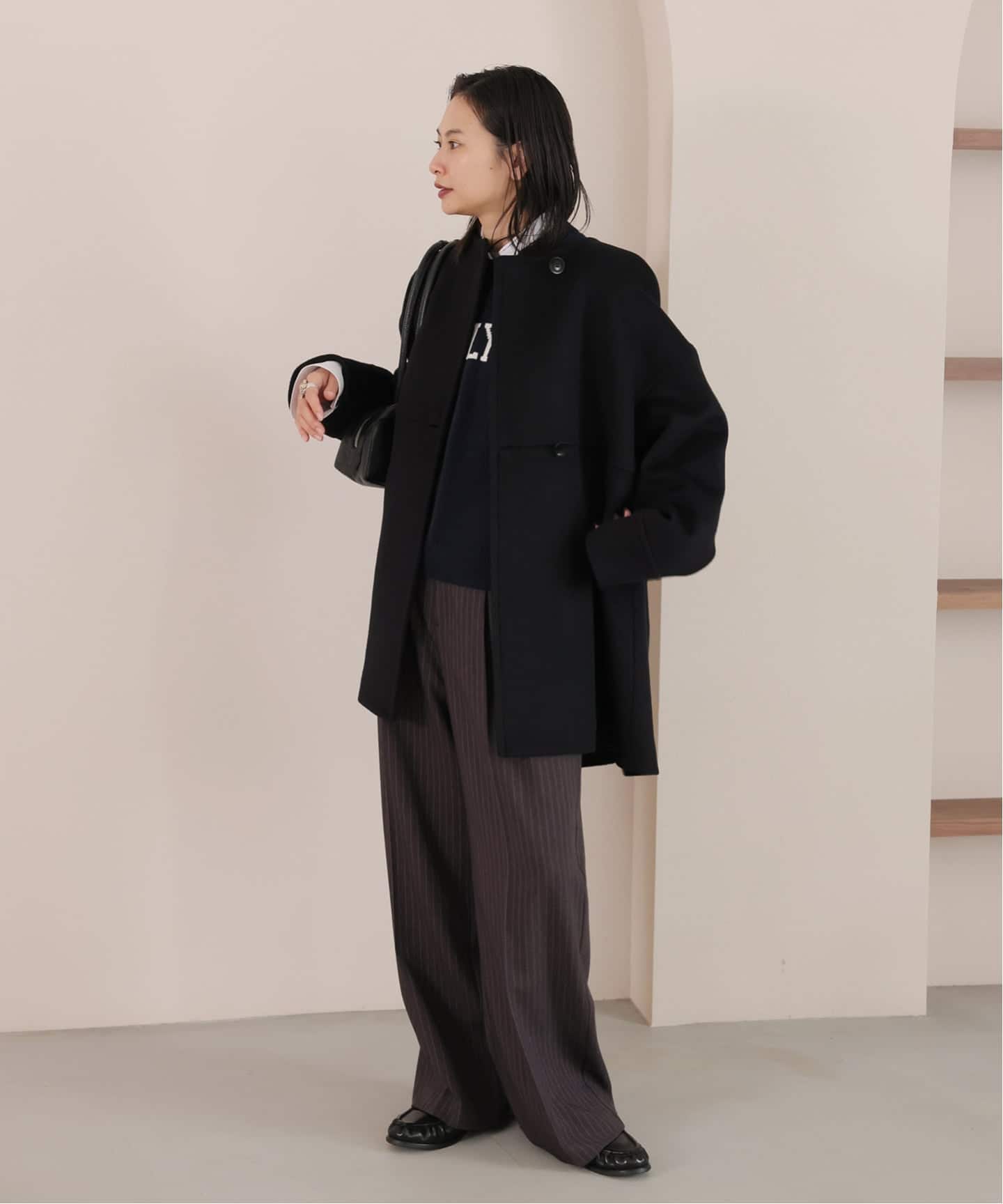 スーパー140ビーバーノーカラーミドルコート（ノーカラーコート