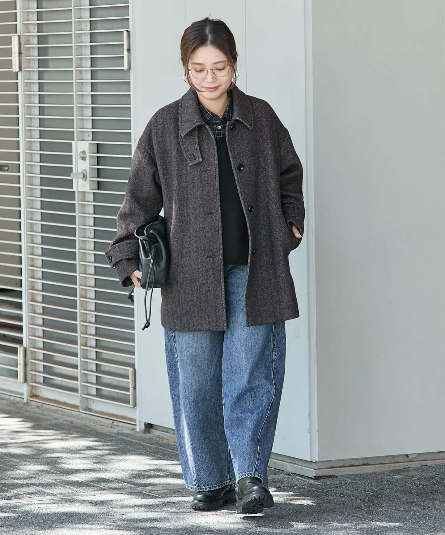 MANTECO ヘリンボン フレアバルカラーコート（ステンカラーコート