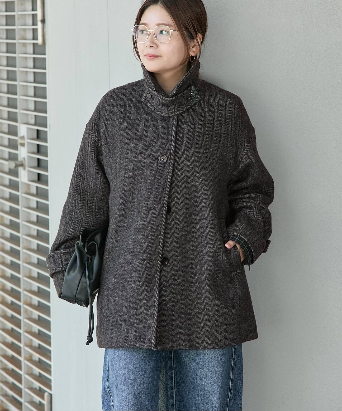 MANTECO ヘリンボン フレアバルカラーコート（ステンカラーコート