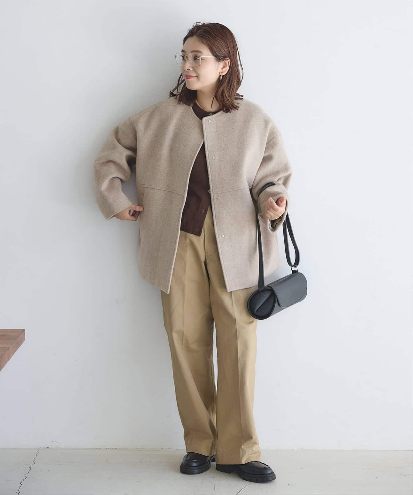 ジャーナルスタンダード✨スーパー140ビーバーノーカラーショートコート ベージュ 追加2》スーパー140ビーバーノーカラーショートコート（ノー