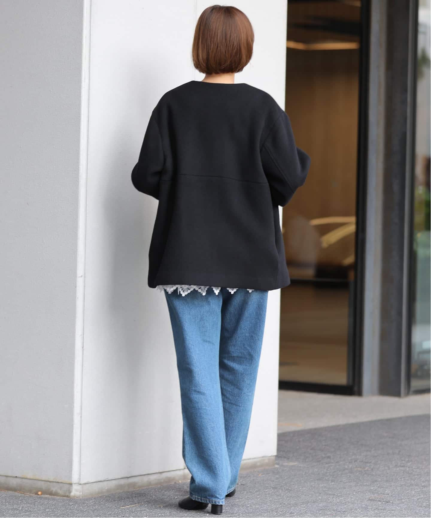 2024AW✨relume スーパーファインビーバークルーネックコート　ブラック 追加》スーパーファインビーバークルーネックコート（ノーカラーコート