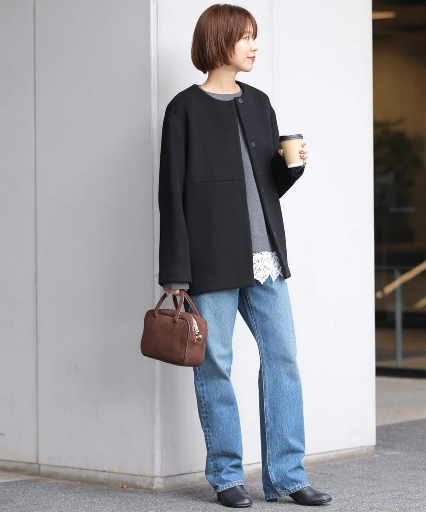 2024AW✨relume スーパーファインビーバークルーネックコート　ブラック 追加》スーパーファインビーバークルーネックコート（ノーカラーコート