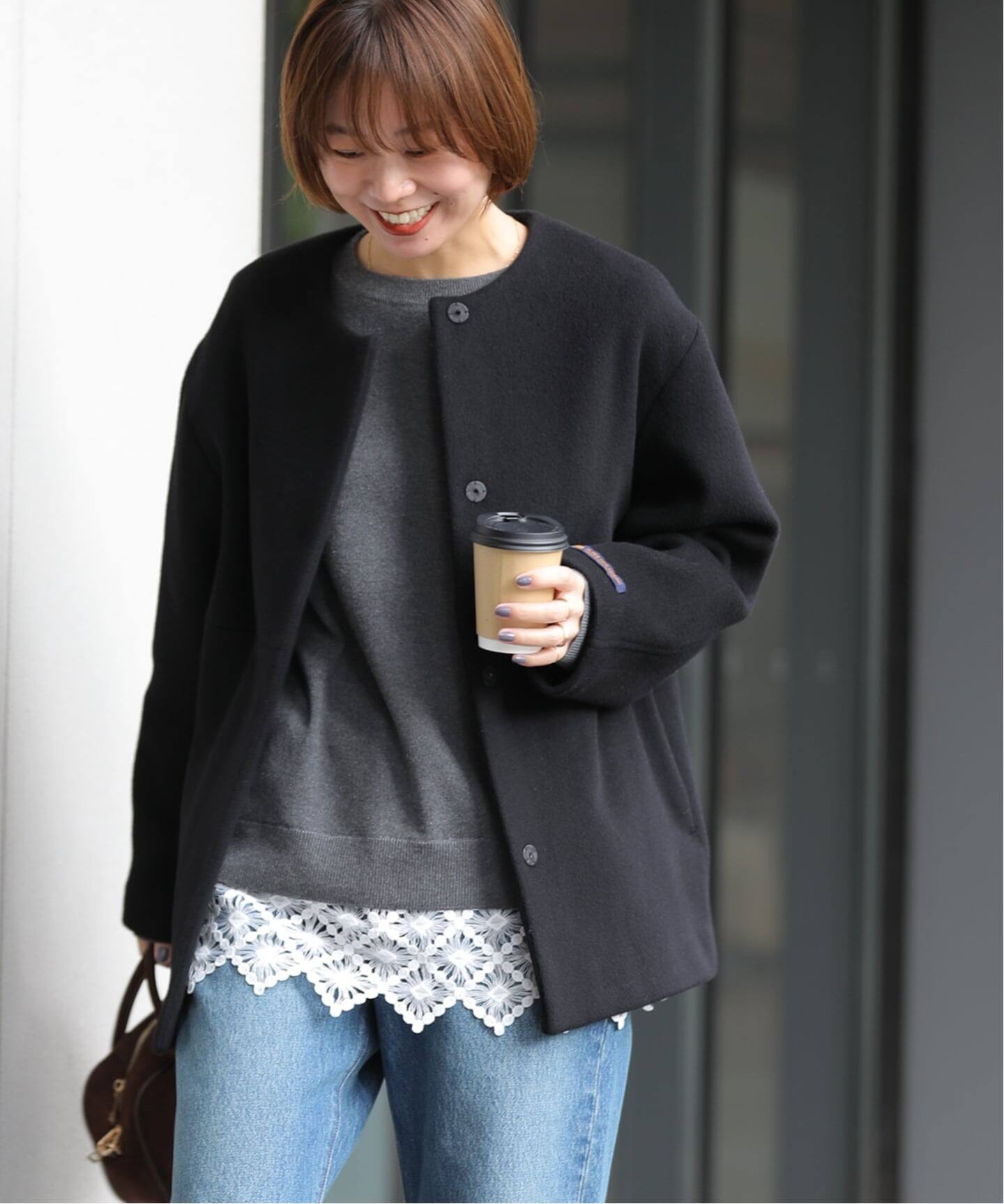 2024AW✨relume スーパーファインビーバークルーネックコート　ブラック 追加》スーパーファインビーバークルーネックコート（ノーカラーコート