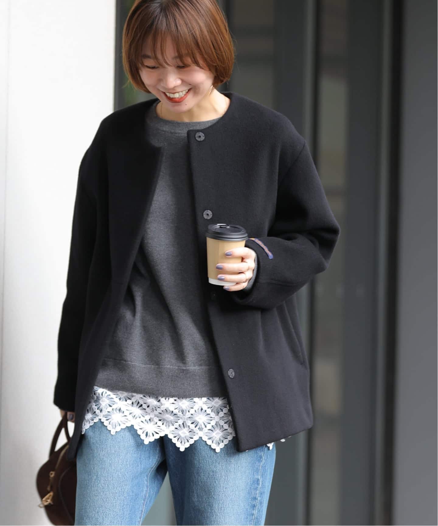 ジャーナルスタンダードレリューム◆スーパーファインビーバークルーネックコート 黒 追加3》スーパーファインビーバークルーネックコート（ノーカラー